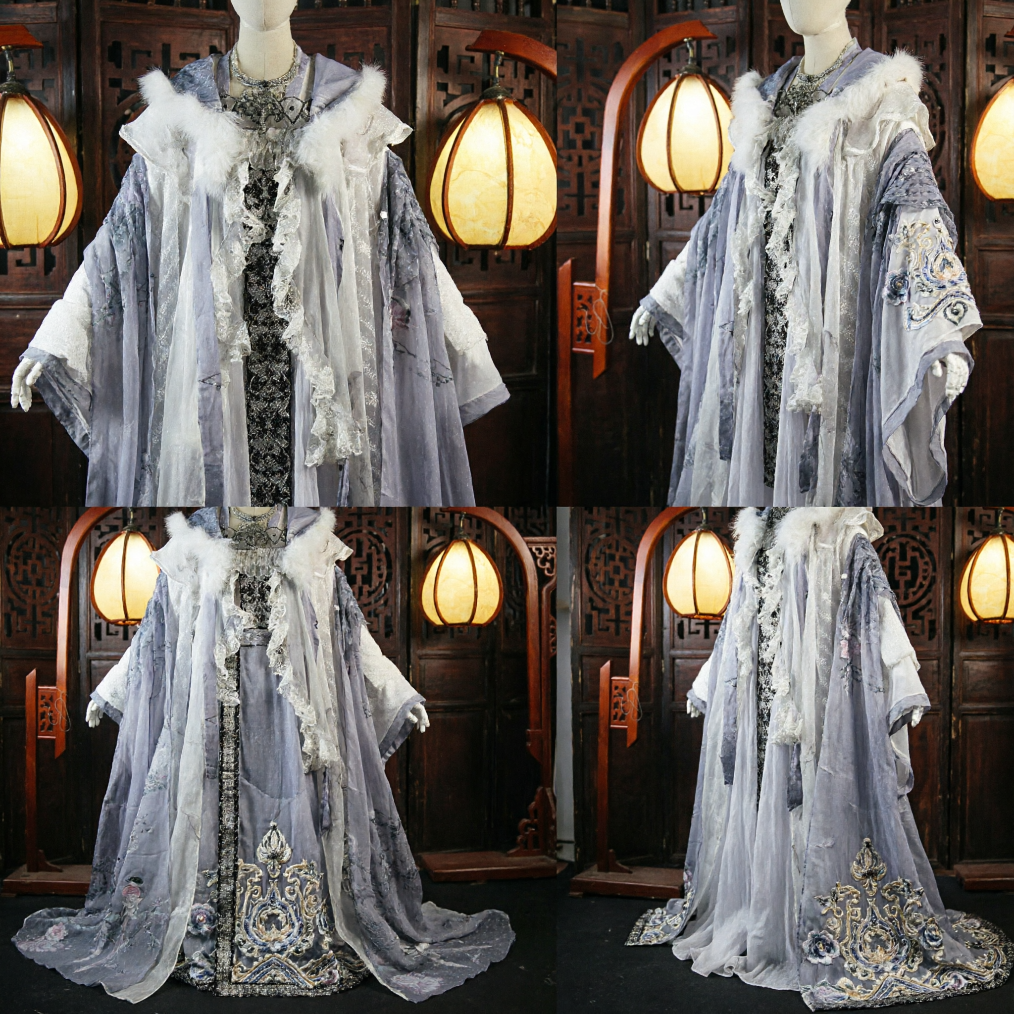 Traditional Chinese Hanfu Cloak with White Fur Trim Ancient Style Elegant Cape for Women Cosplay
