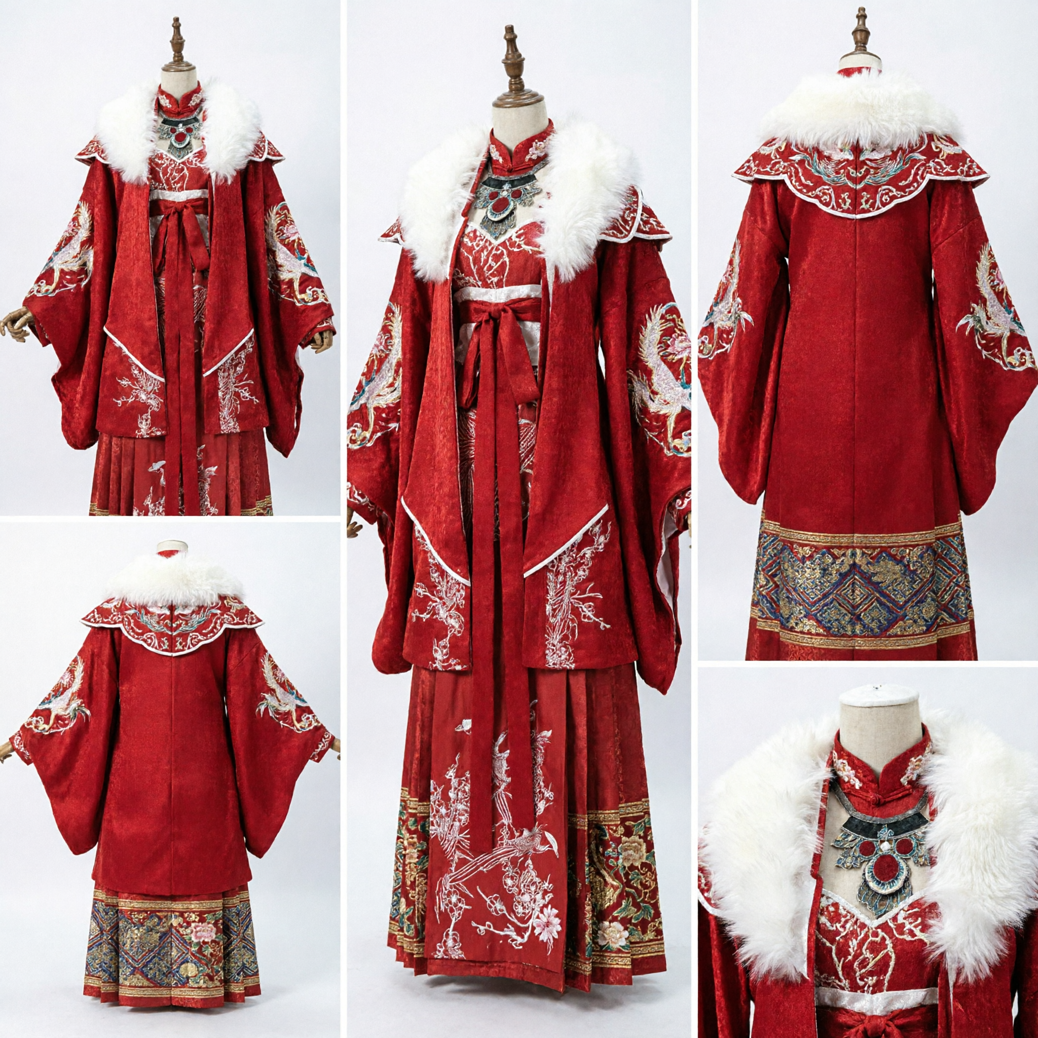 Traditional Chinese Red Hanfu Costume with Embroidered Cloak and White Fur Collar for Women Cosplay