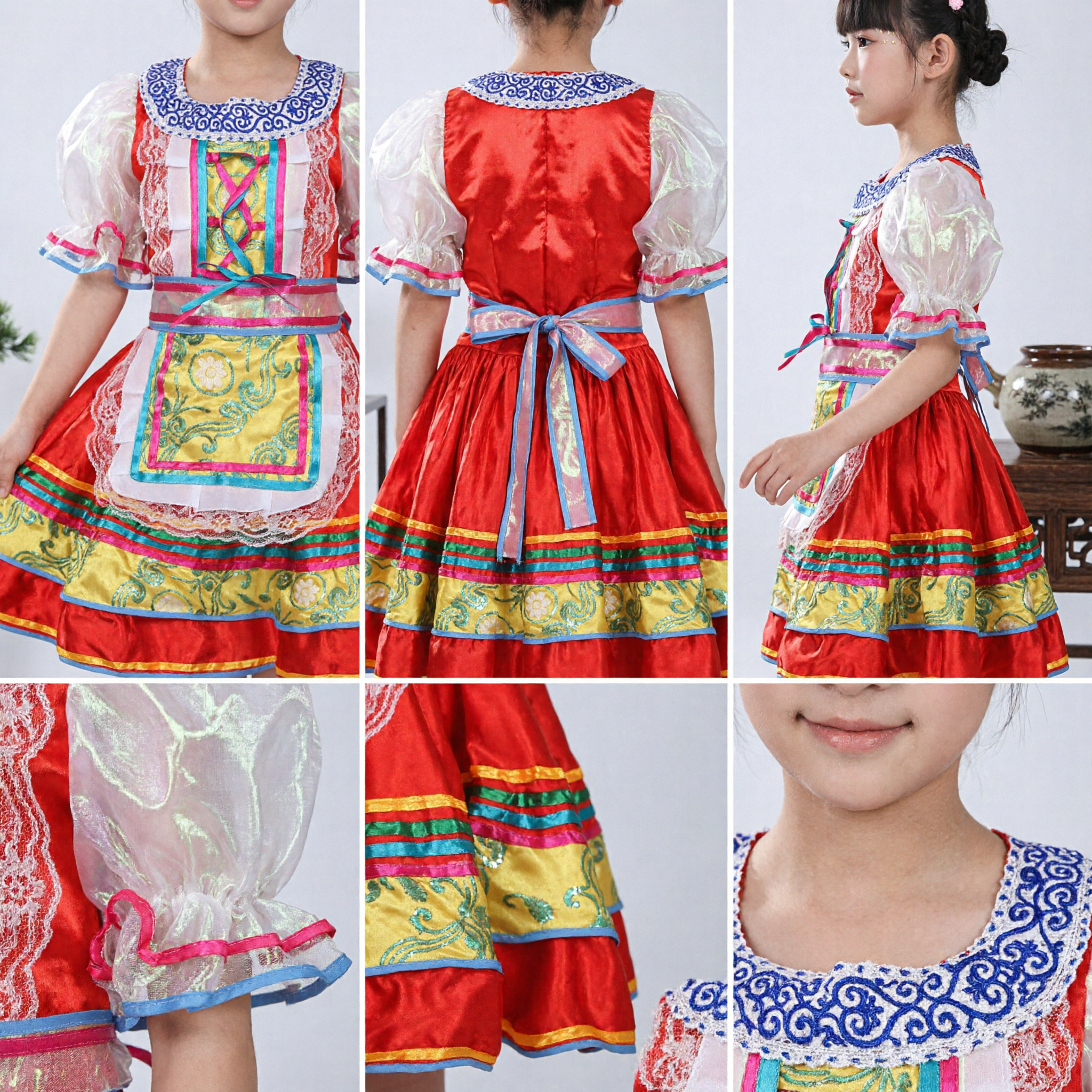 Girls Traditional Folk Dance Costume Kids Colorful Stage Performance Dress with Apron and Floral Headband