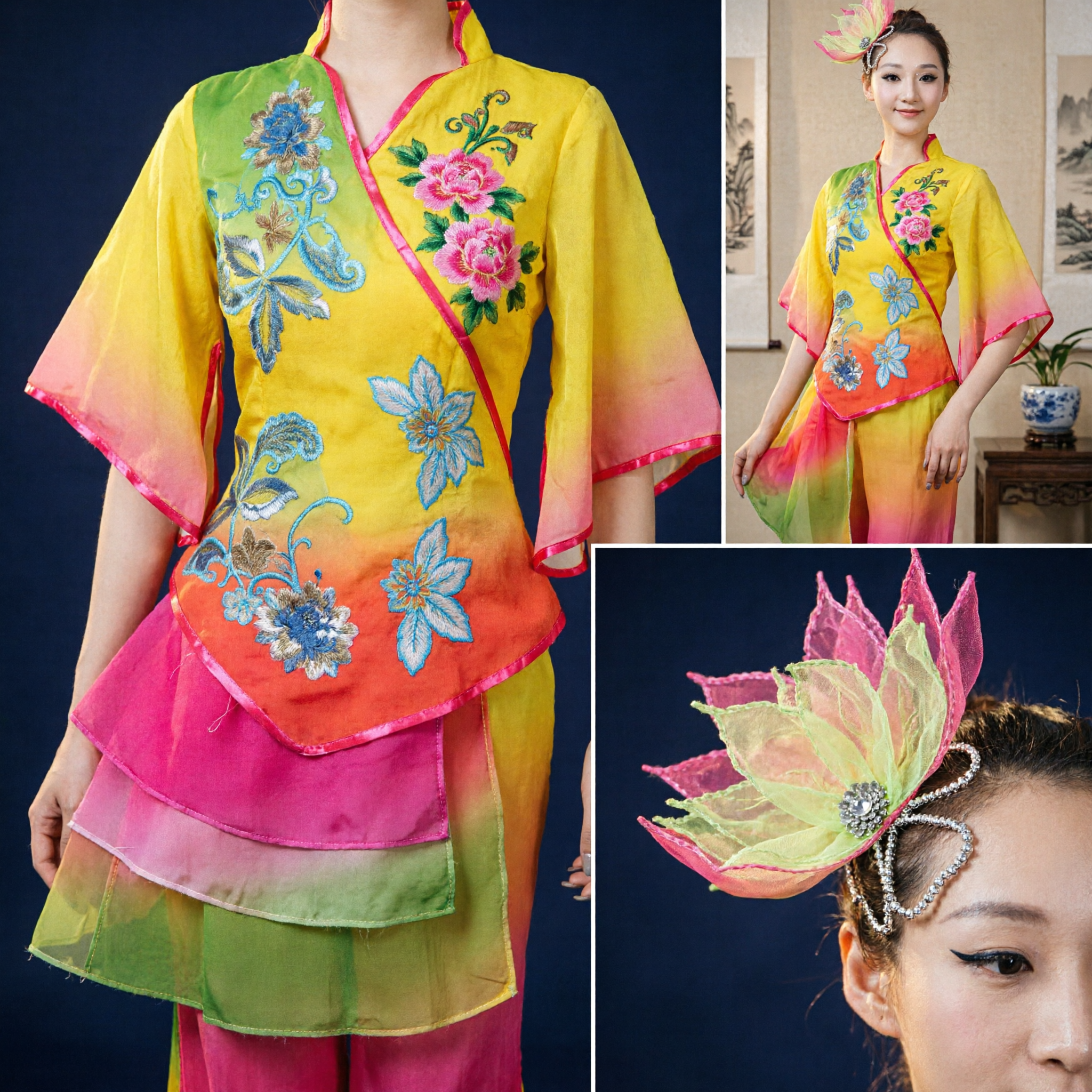 Traditional Chinese Yangge Fan Dance Costume for Women Yellow Embroidered Top Pink Pants Folk Stage Performance Outfit