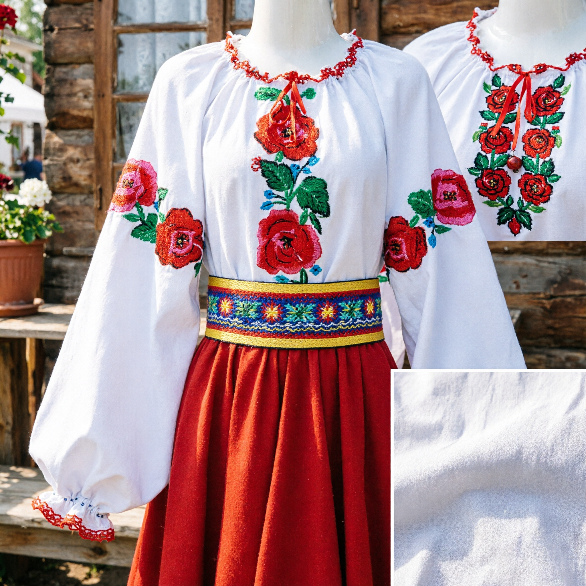 Women's Traditional Folk Dance Costume White Blouse with Red Rose Embroidery and Long Red Skirt Set