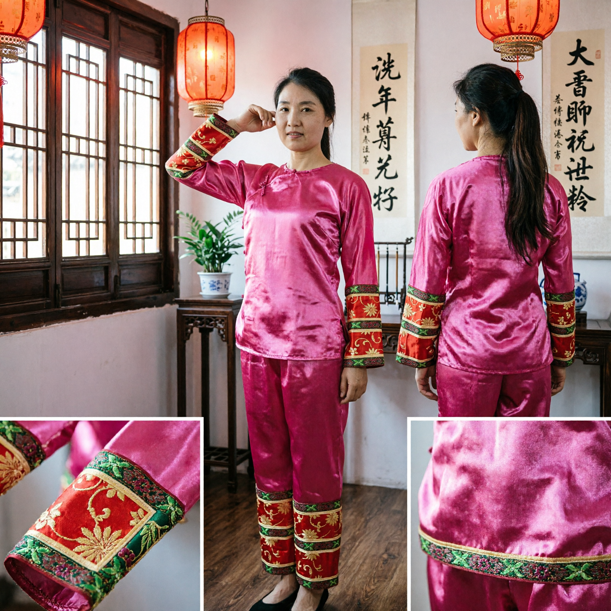 Traditional Chinese Silk Satin Pajama Set for Women Hot Pink Tang Suit Sleepwear Loungewear Costume with Brocade Trim