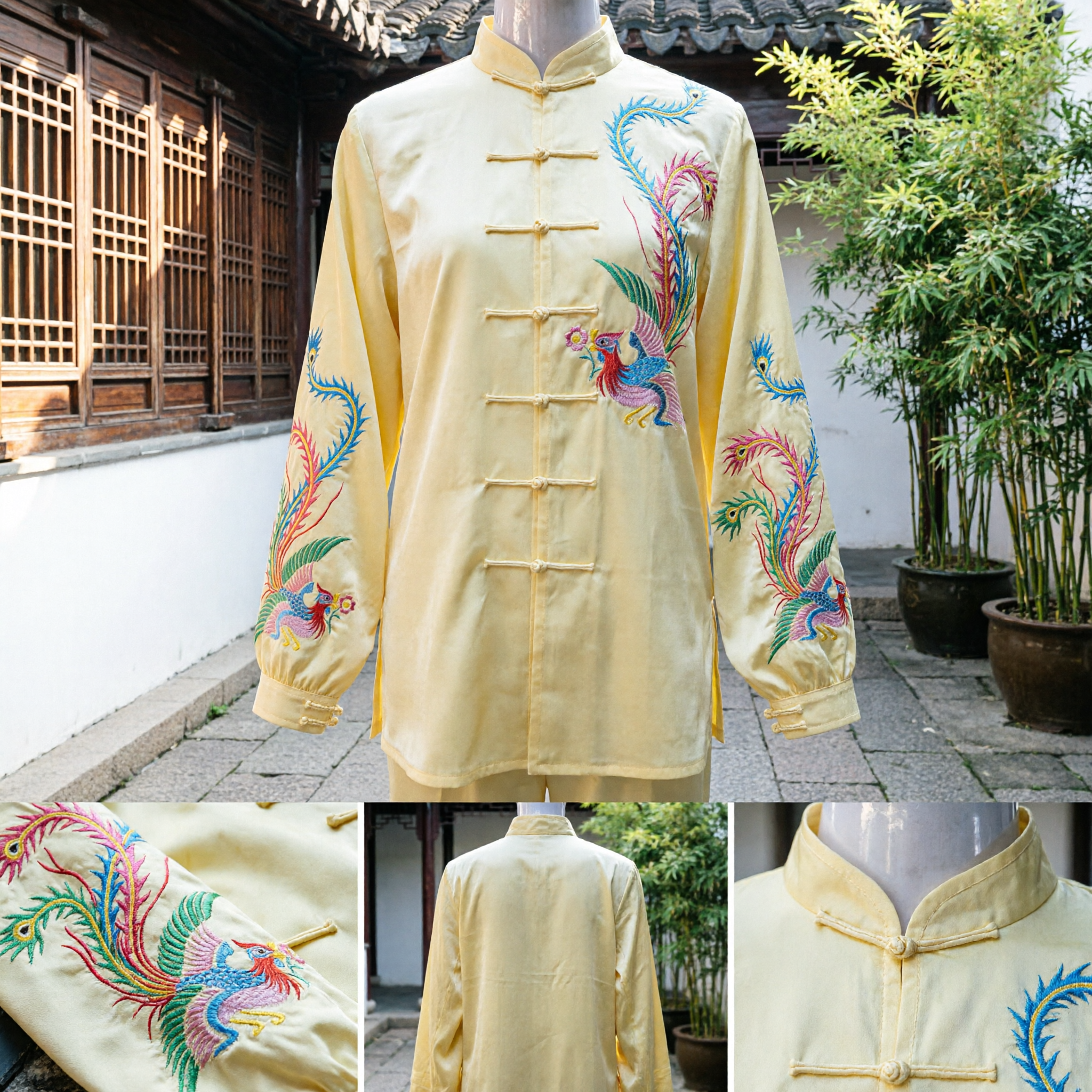 Women's Yellow Silk Tai Chi Uniform Set Traditional Chinese Kung Fu Suit with Phoenix Embroidery