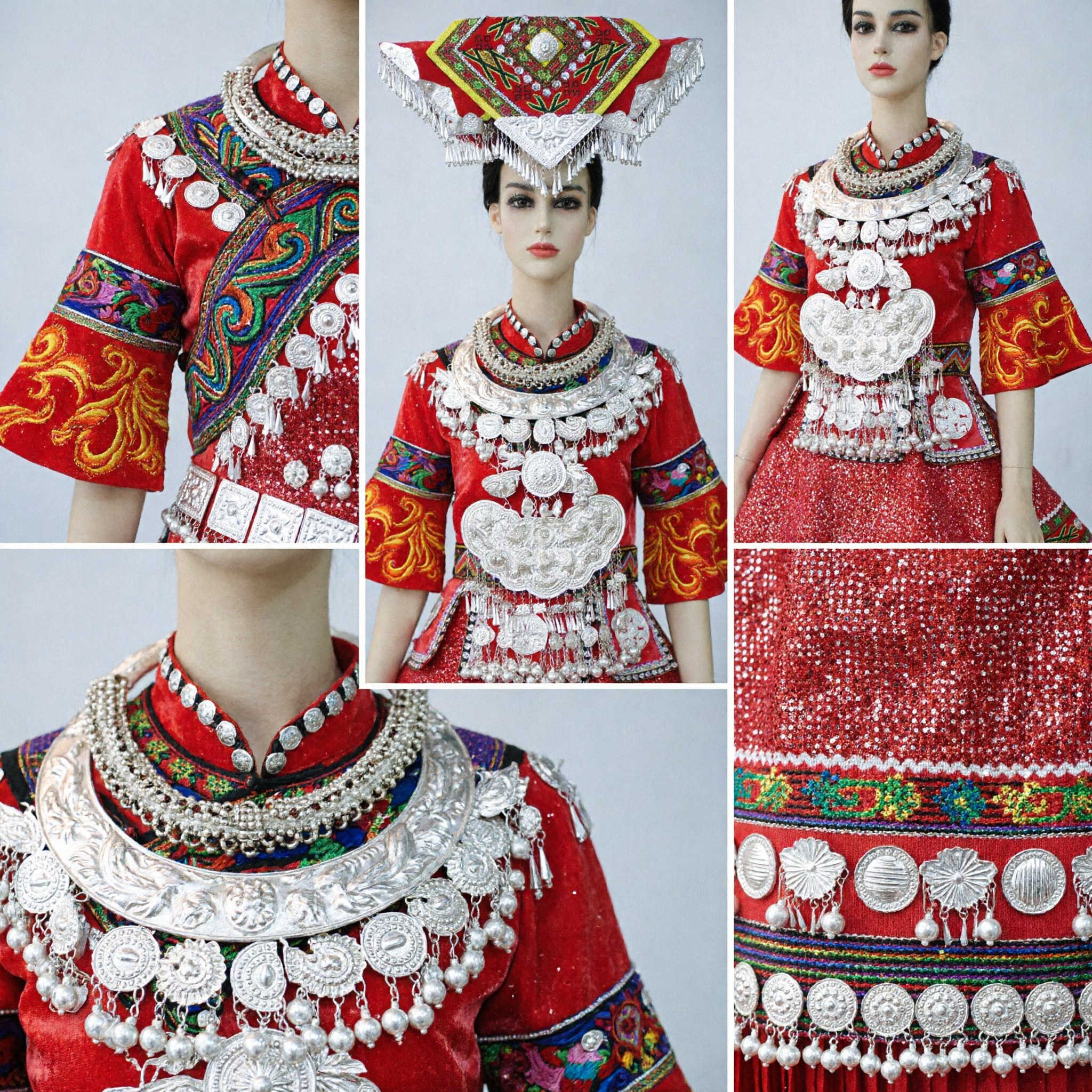 Traditional Chinese Miao Ethnic Costume Red Dress with Silver Jewelry and Embroidered Hat for Festival Dance Performance