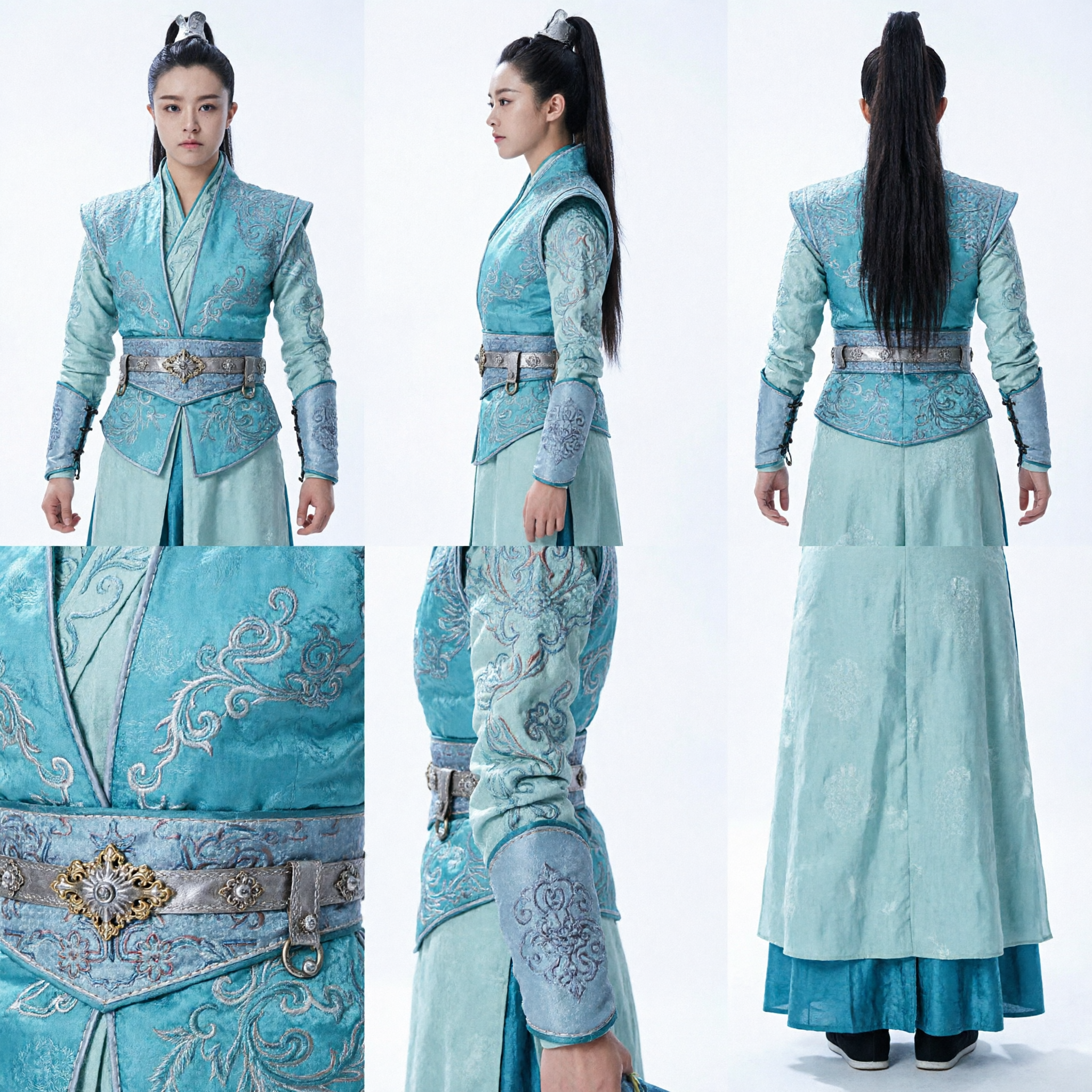 Ancient Chinese Wuxia Swordswoman Costume Teal Blue Embroidered Hanfu for Women Cosplay Performance