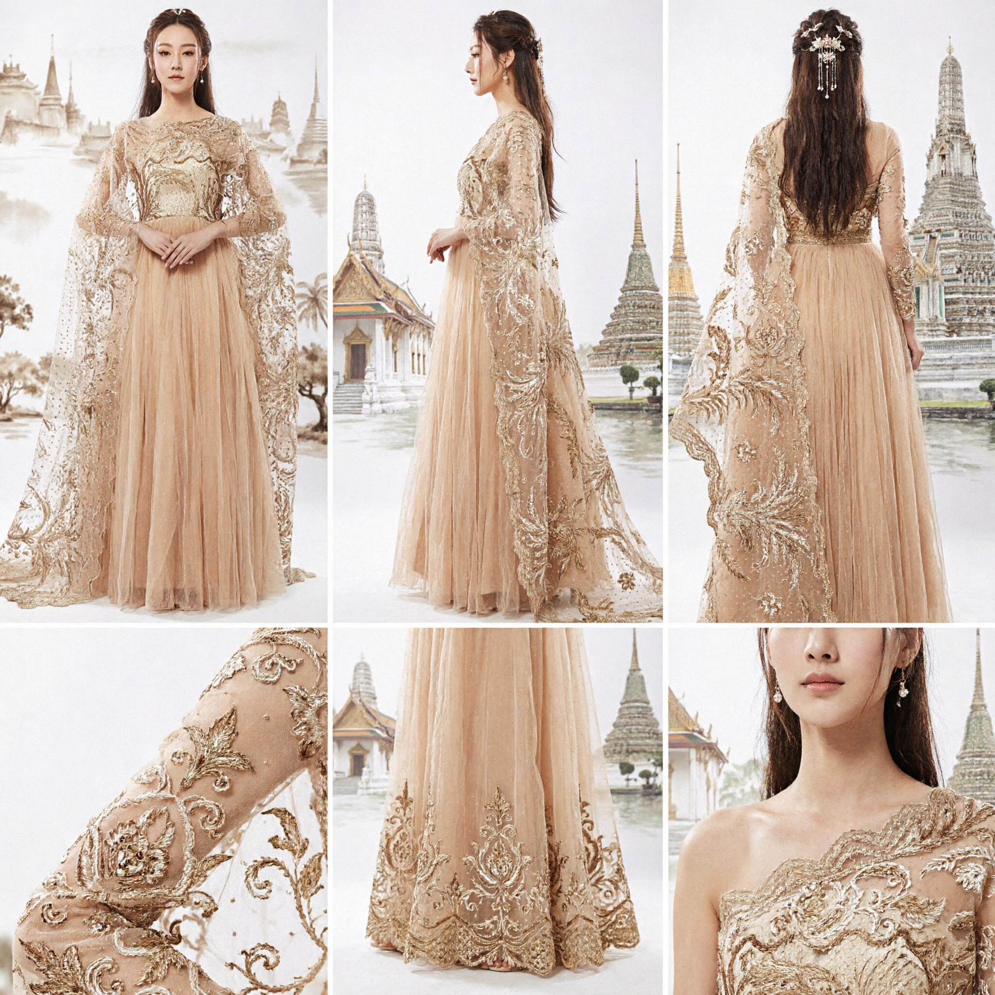 Elegant Gold Lace Cape Dress Traditional Thai Style Formal Gown for Hostess and Wedding Guests