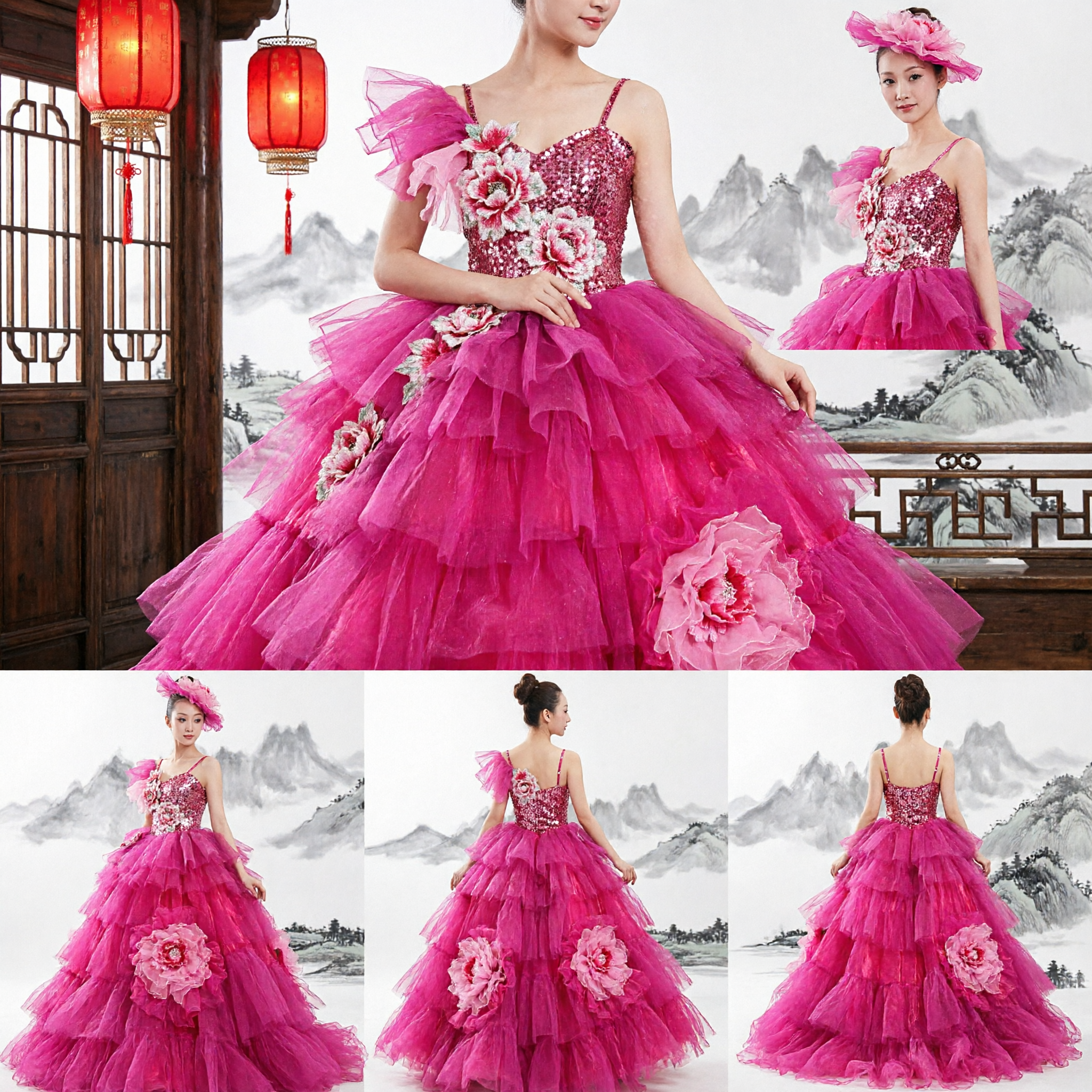 Women's Hot Pink Sequined Ballroom Dance Dress with Massive Tulle Ruffles and Floral Accents for Stage Performance