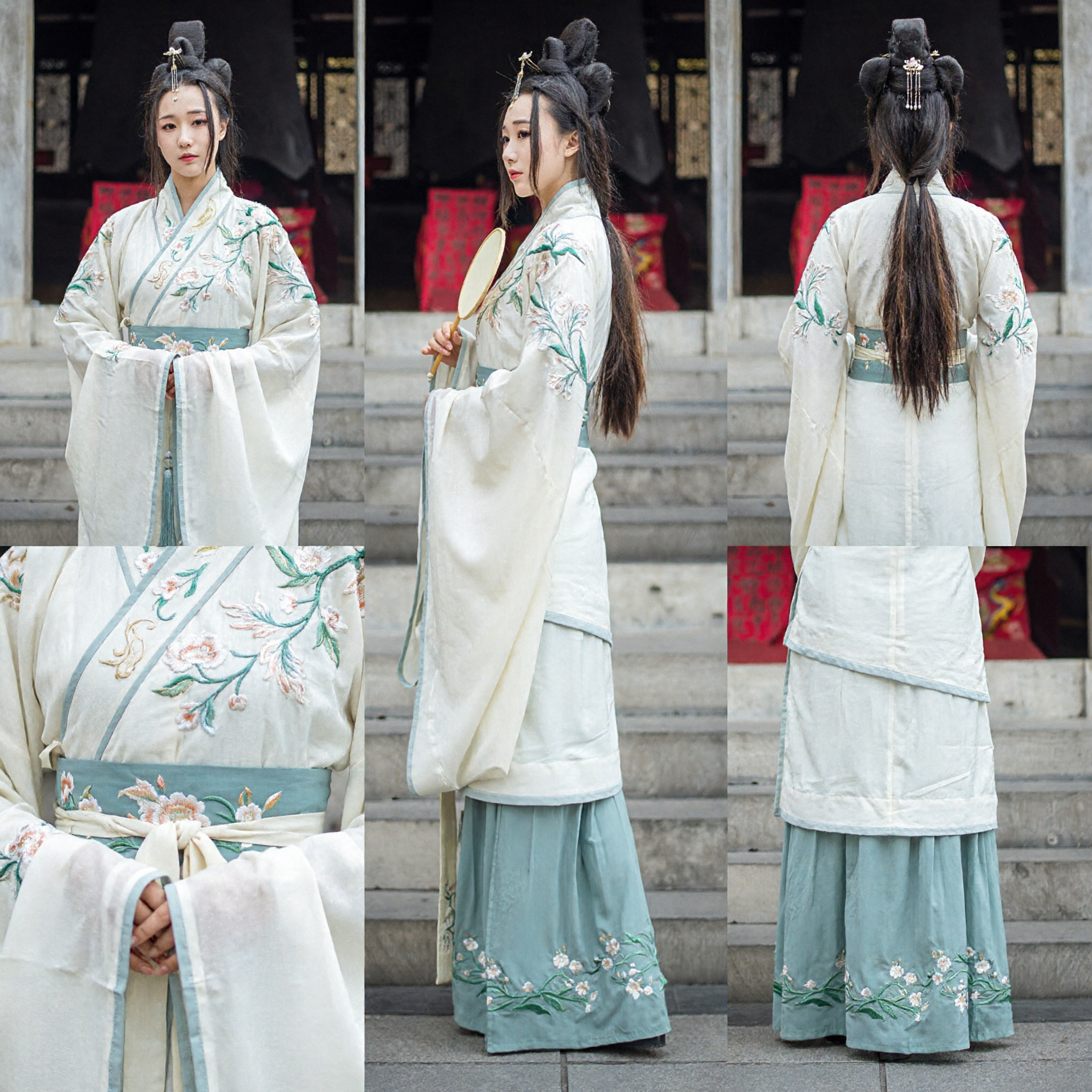 Traditional Chinese Hanfu Ancient Costume Elegant Embroidered White Top and Blue Skirt Set for Women