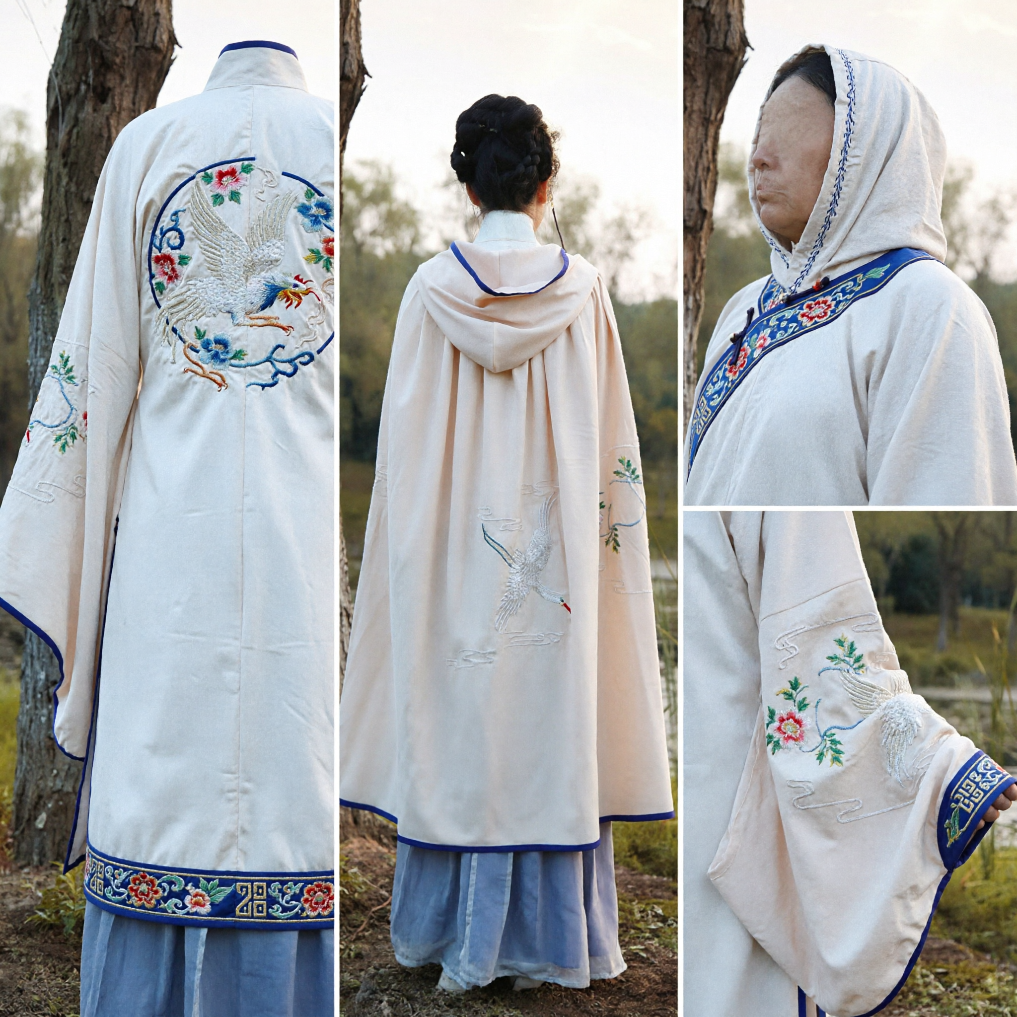 Traditional Chinese Hanfu Hooded Cloak Cream Cape with Crane Embroidery Ancient Winter Costume for Women