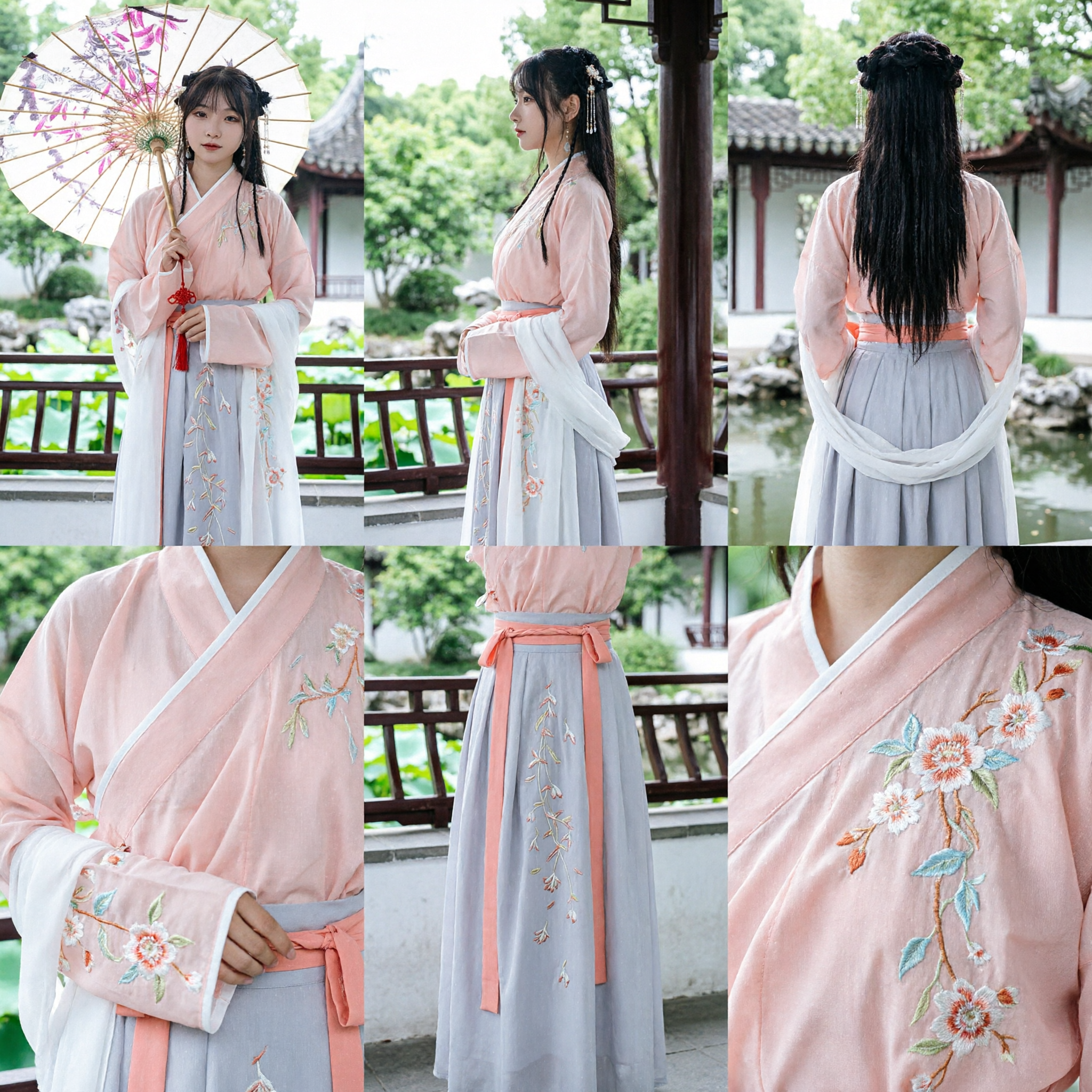 Elegant Traditional Chinese Hanfu Dress for Women Ancient Style Pink and Blue Embroidered Costume Set with Umbrella