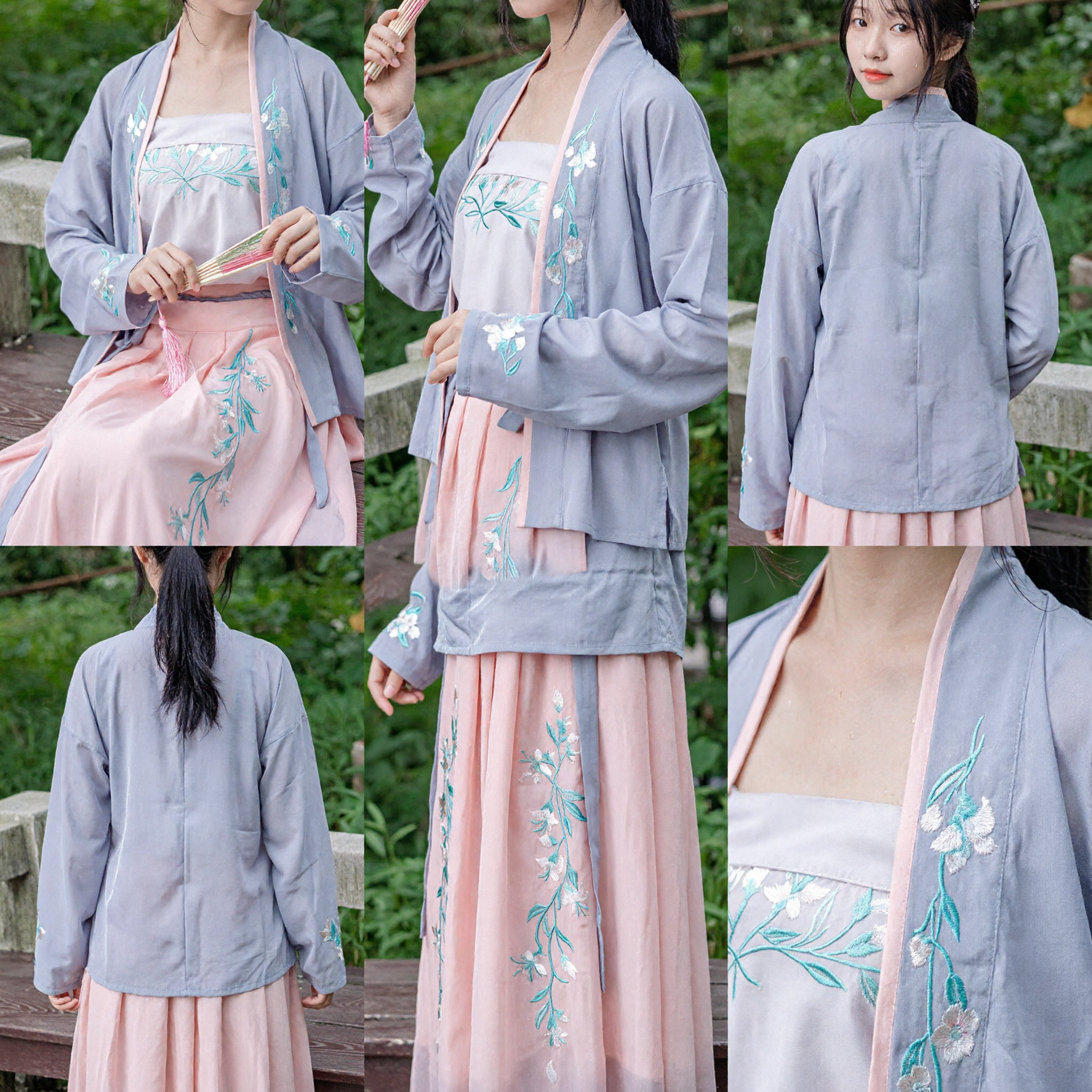 Traditional Chinese Hanfu Costume Song Dynasty Style Blue Embroidered Beizi and Pink Skirt Set for Women