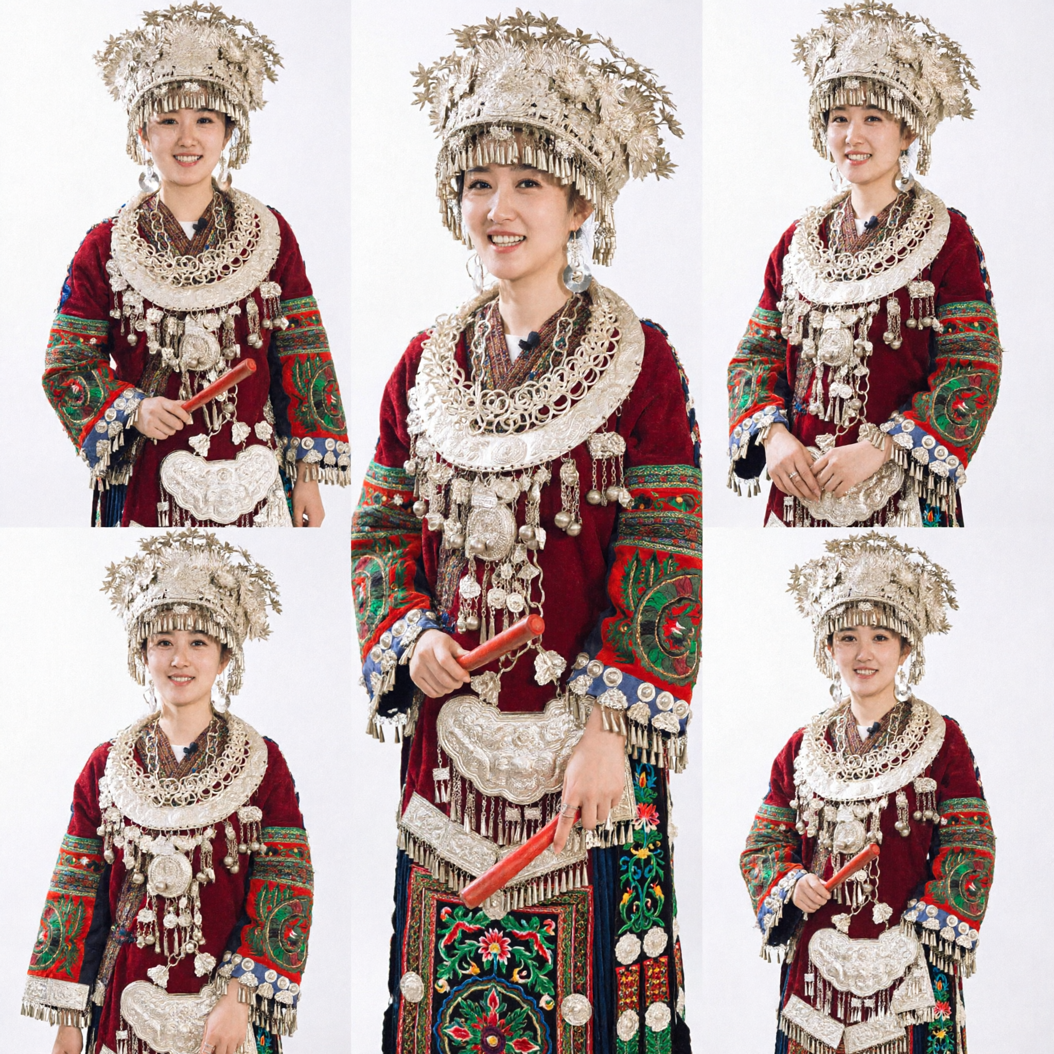 Traditional Chinese Miao Ethnic Minority Dance Costume Complete Set with Silver Headdress and Red Dress for Women