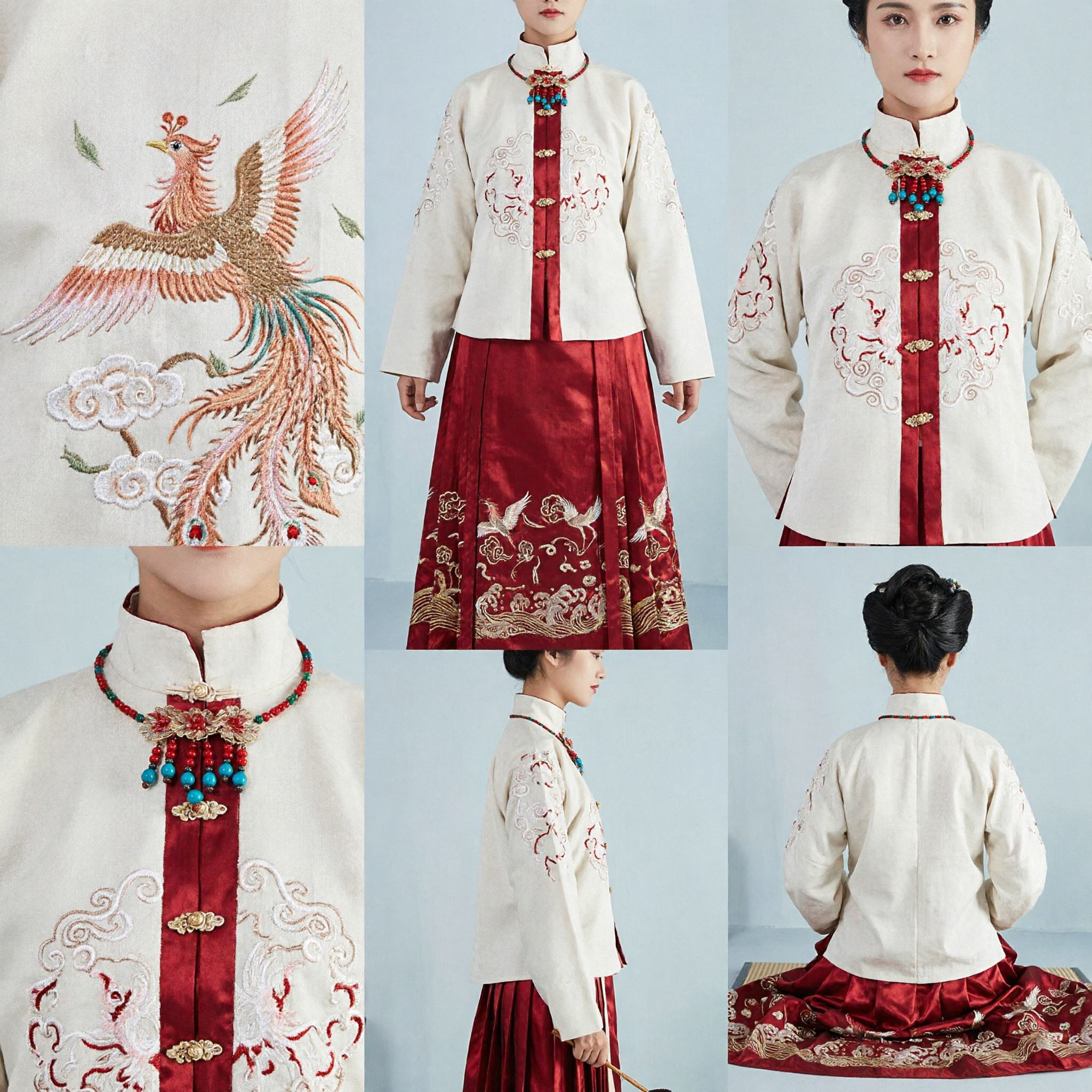 Elegant Traditional Chinese Hanfu Ming Dynasty Style Cream Embroidered Top and Red Skirt Formal Costume Set