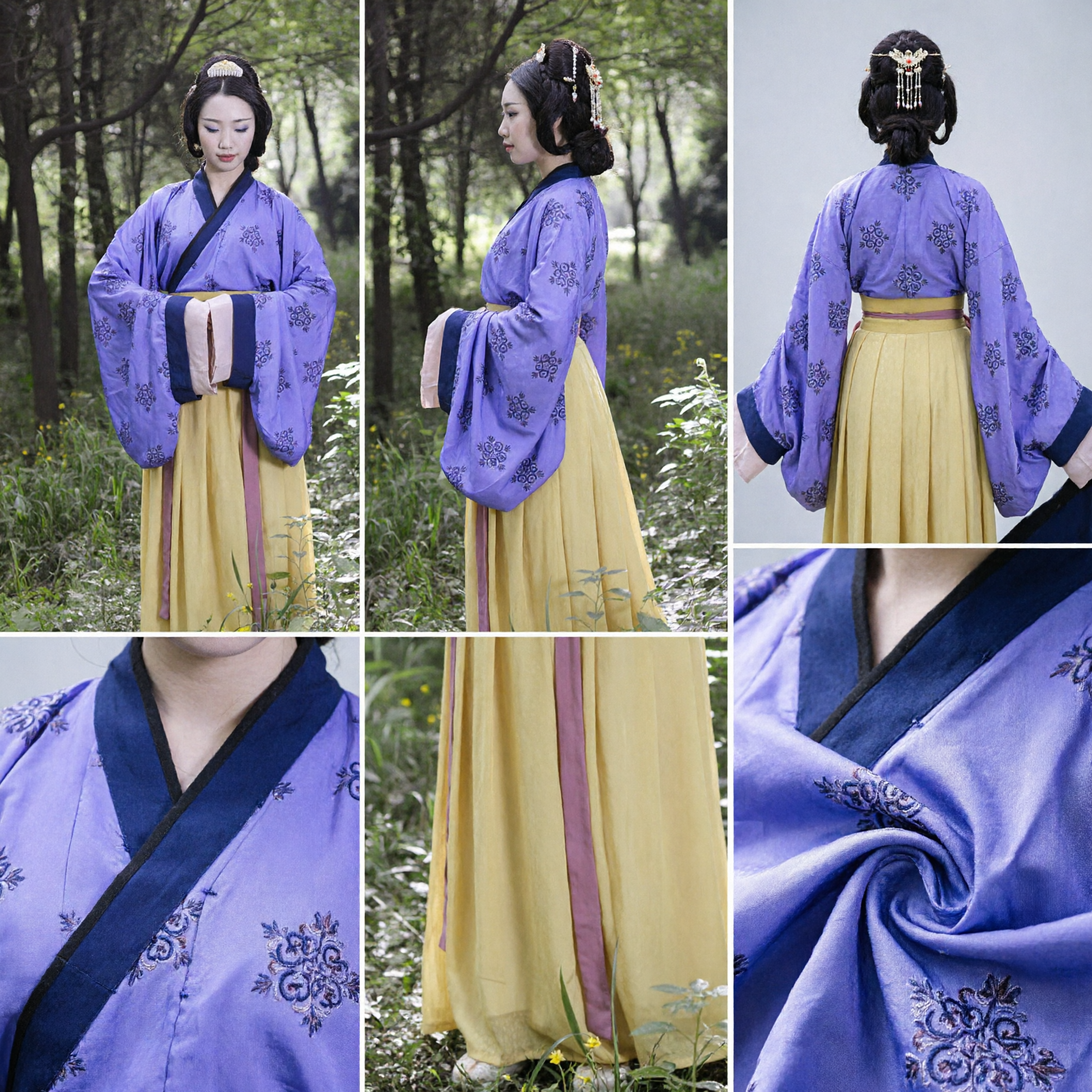 Traditional Chinese Hanfu Costume Purple Cross-Collar Top and Yellow Skirt Set for Women Ancient History Cosplay