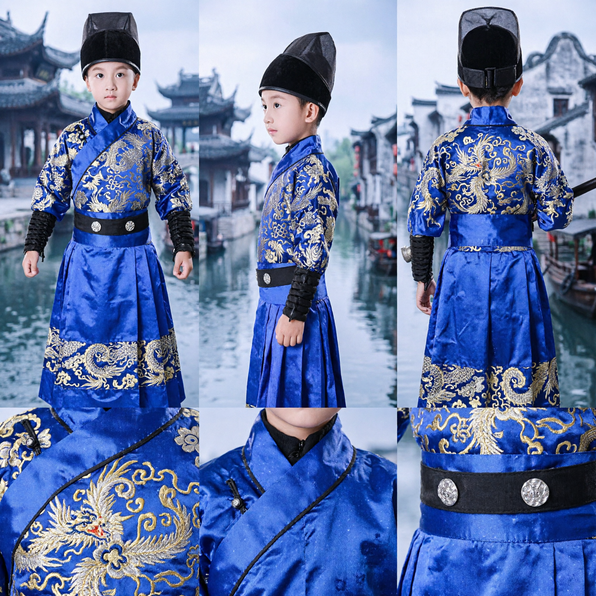 Kids Boys Traditional Chinese Ancient Swordsman Costume Blue Jinyiwei Robe Cape Halloween Cosplay Performance Outfit