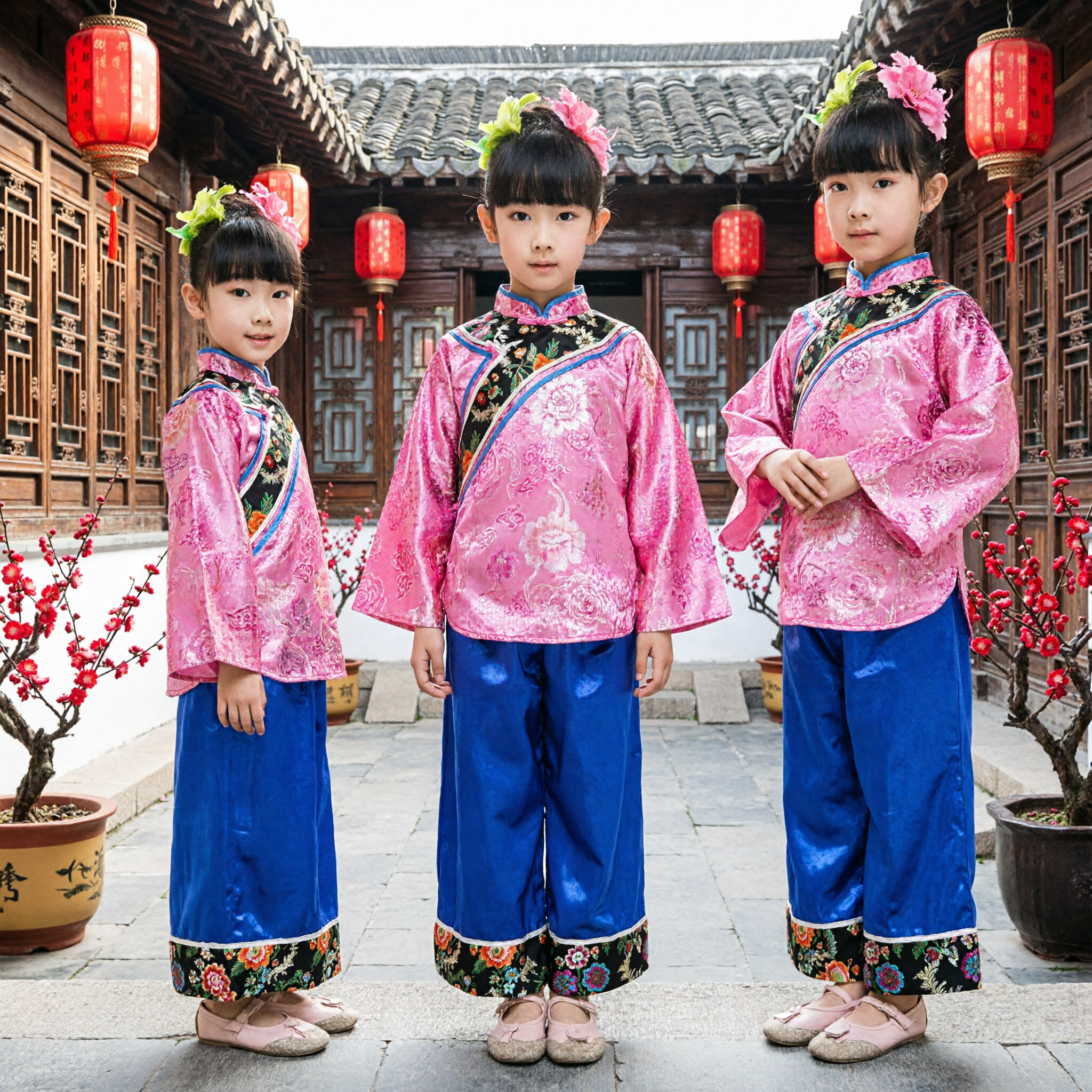 Traditional Chinese Folk Dance Costume for Girls Pink Satin Top Blue Pants Kids Performance Wear