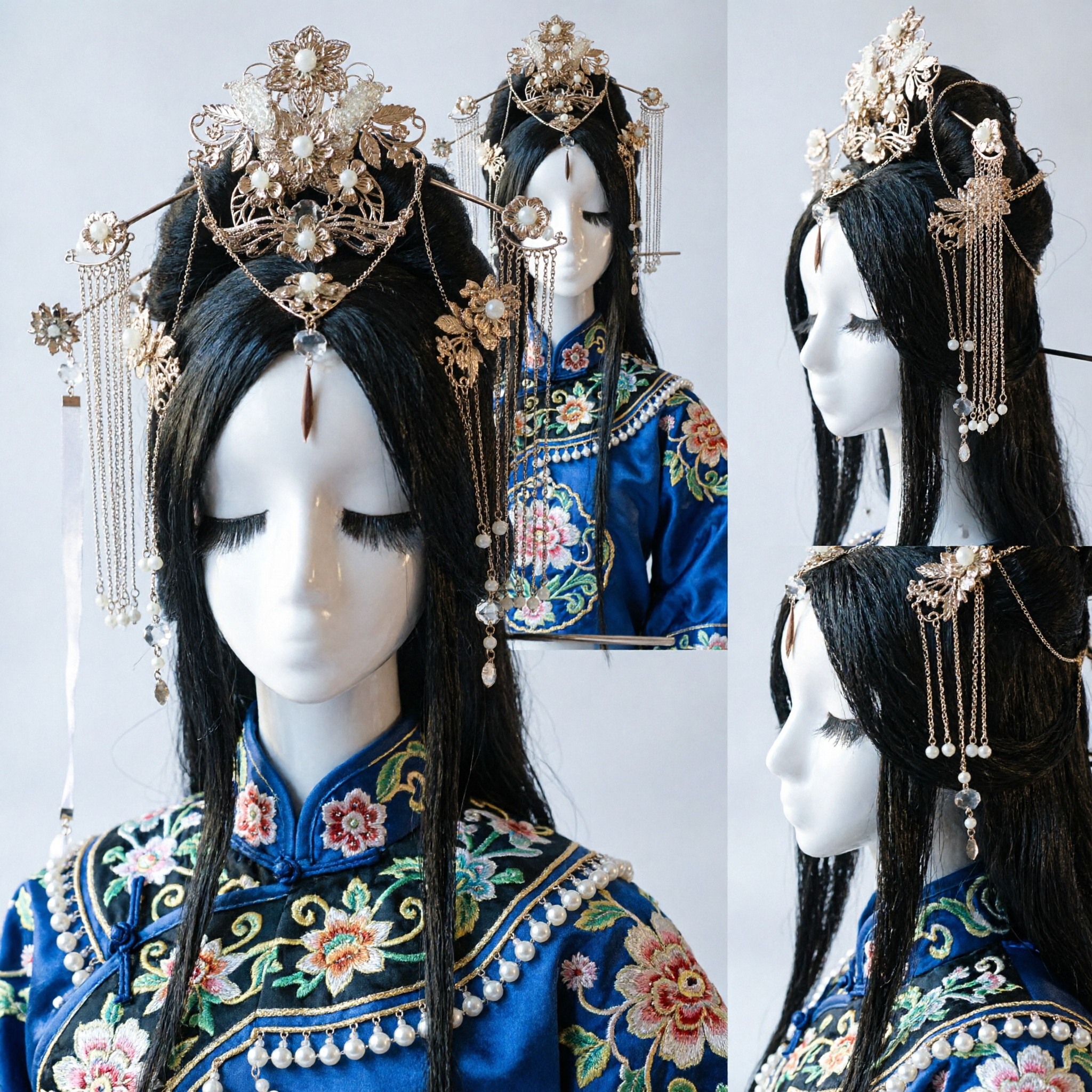 Traditional Ancient Chinese Hair Accessories Gold Floral Headpiece with Pearls and Chains for Hanfu Bridal Wear