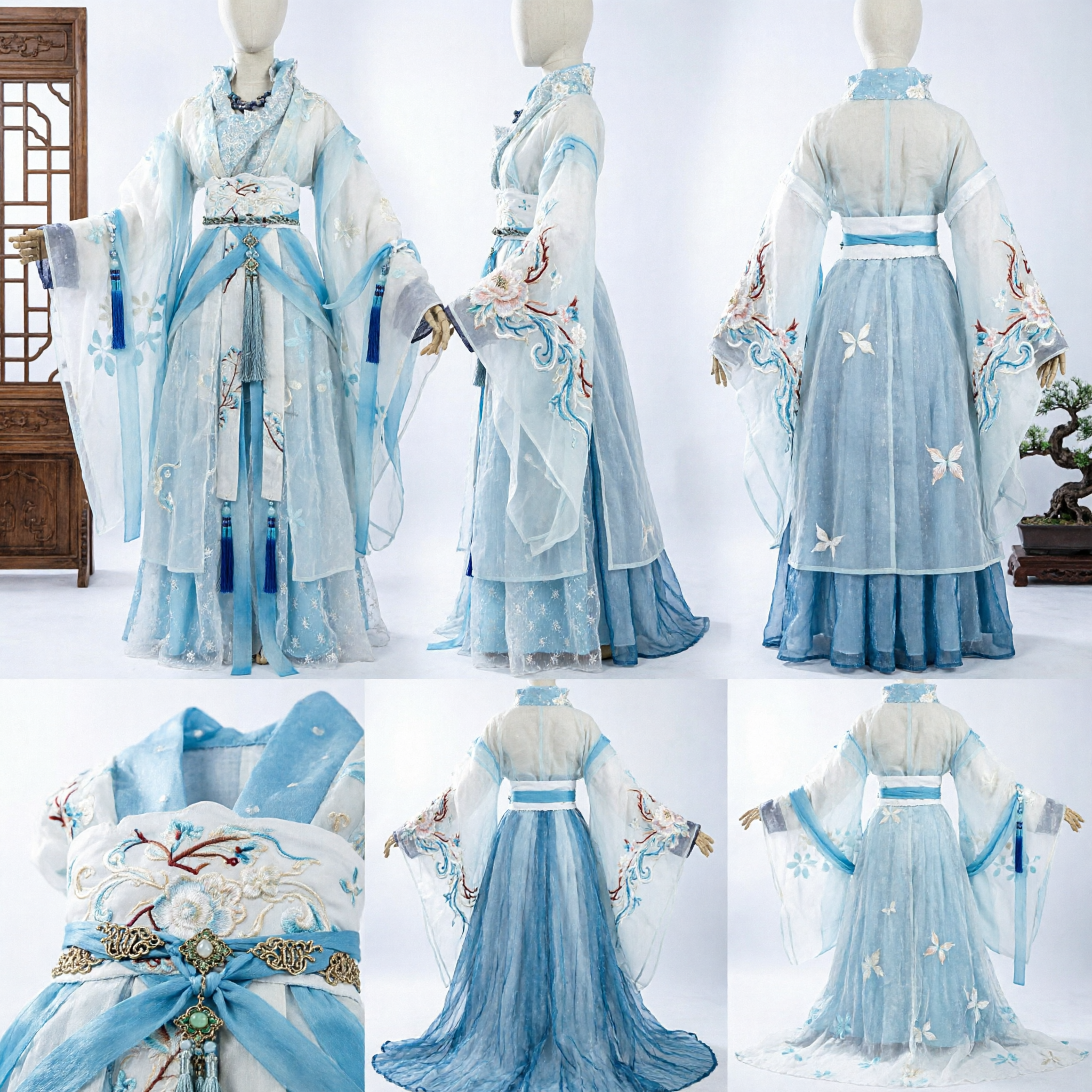Women's Traditional Chinese Hanfu Costume Blue and White Ancient Fairy Dress with Embroidery for Cosplay and Performance