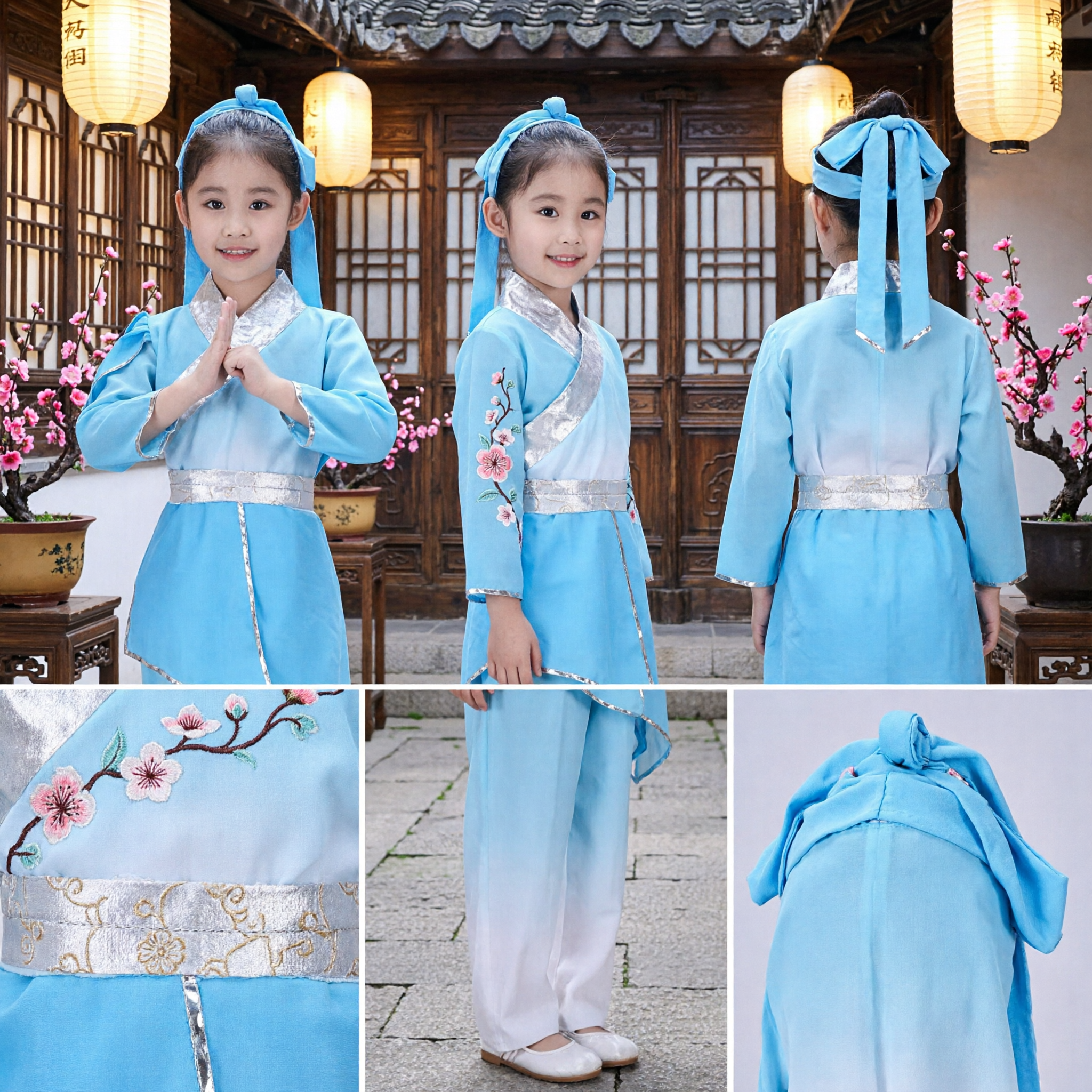 Blue Chinese Traditional Martial Arts Costume for Kids Girls Ancient Hanfu Dance Performance Outfit