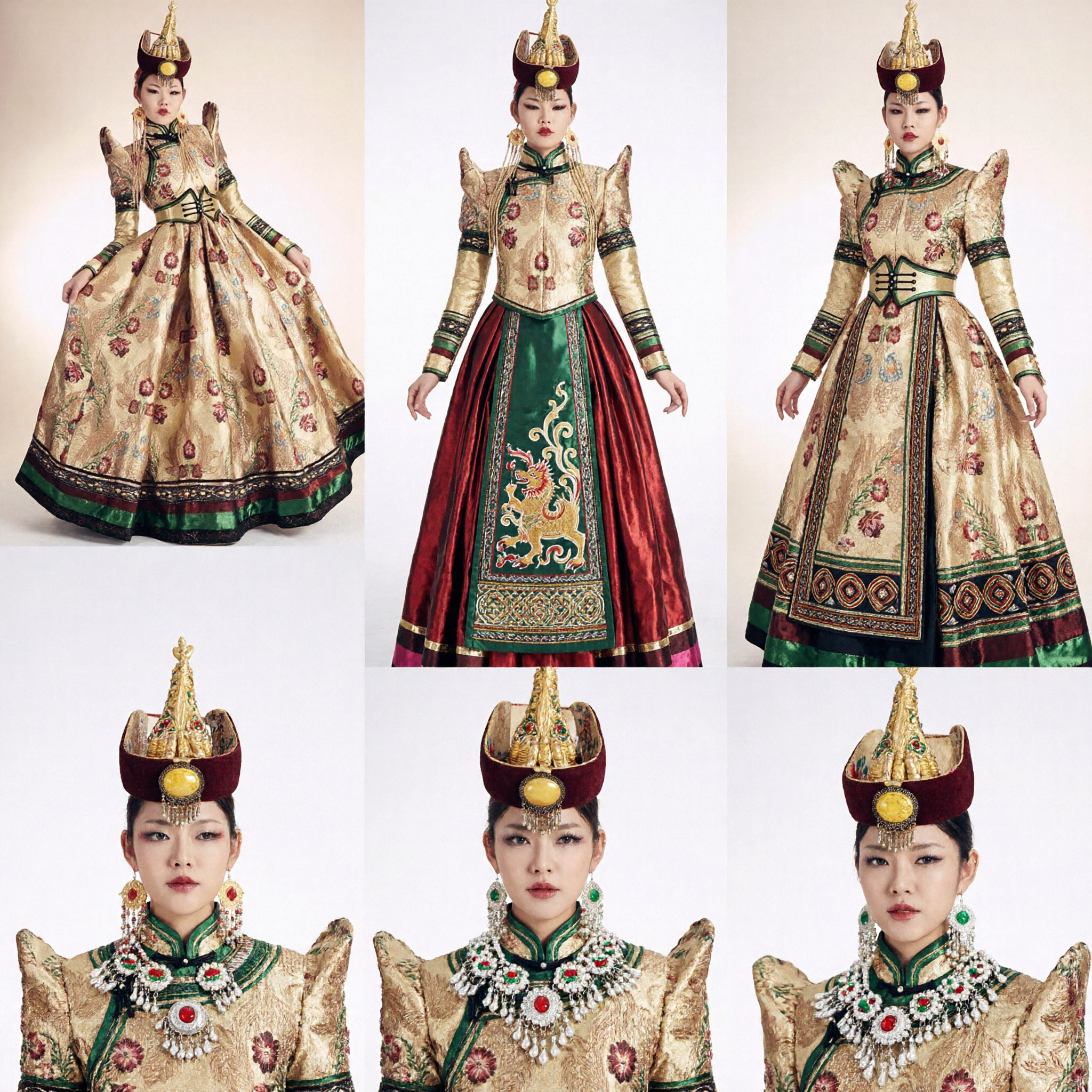 Women's Traditional Mongolian Gown Golden Embroidery Ethnic Costume for Wedding Ceremony and Stage Show