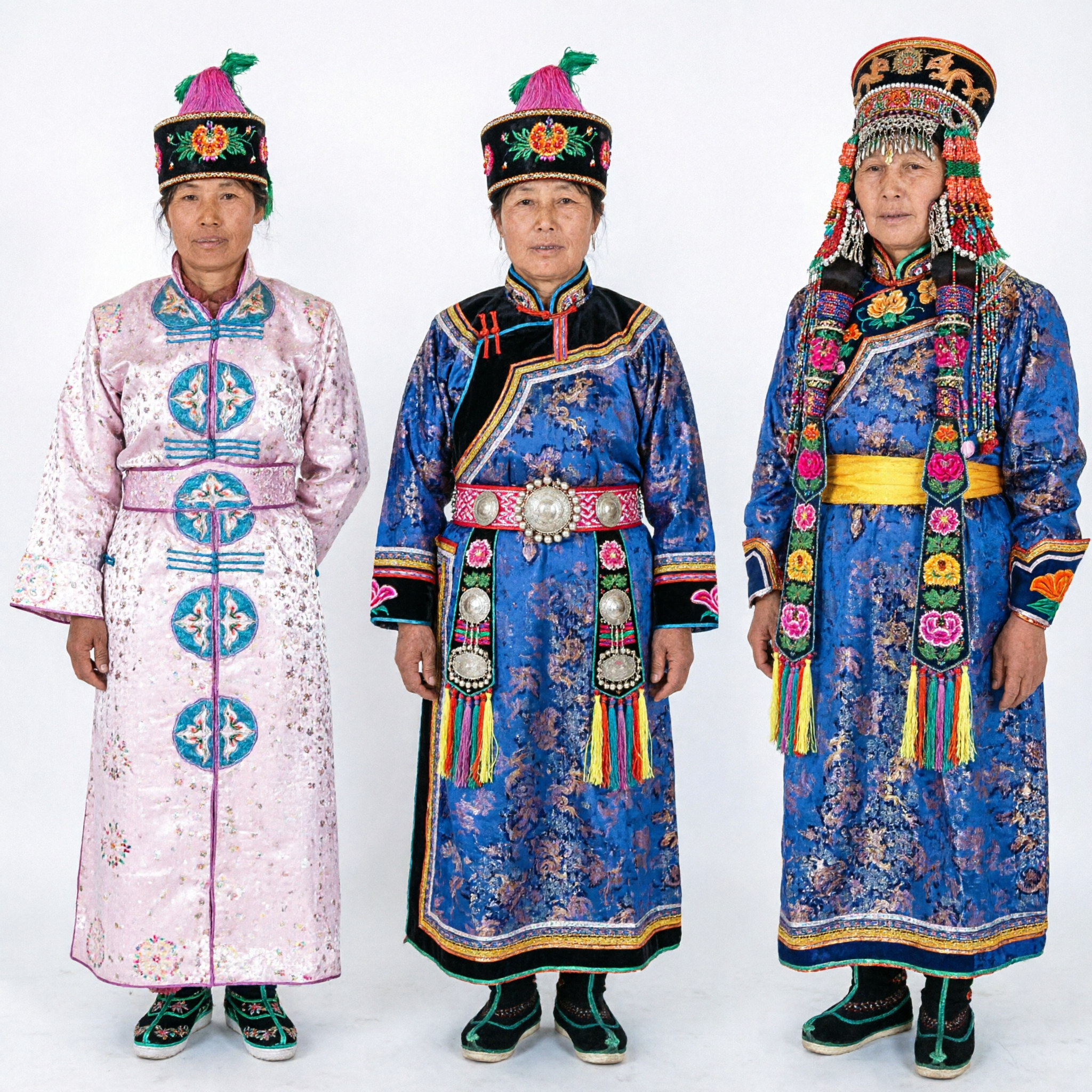 Traditional Mongolian Ethnic Costume Blue and Pink Embroidered Deel Dress Set with Headdress for Women and Children