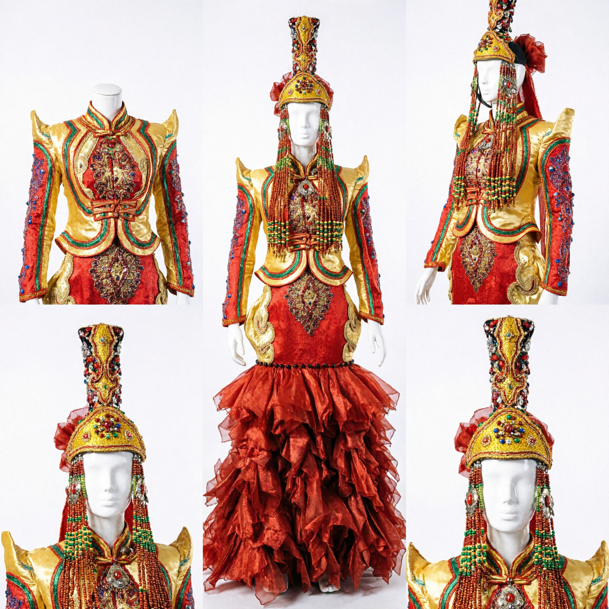 Traditional Mongolian Women's Folk Dance Costume Red Gold Embroidered Dress with Headdress for Performance
