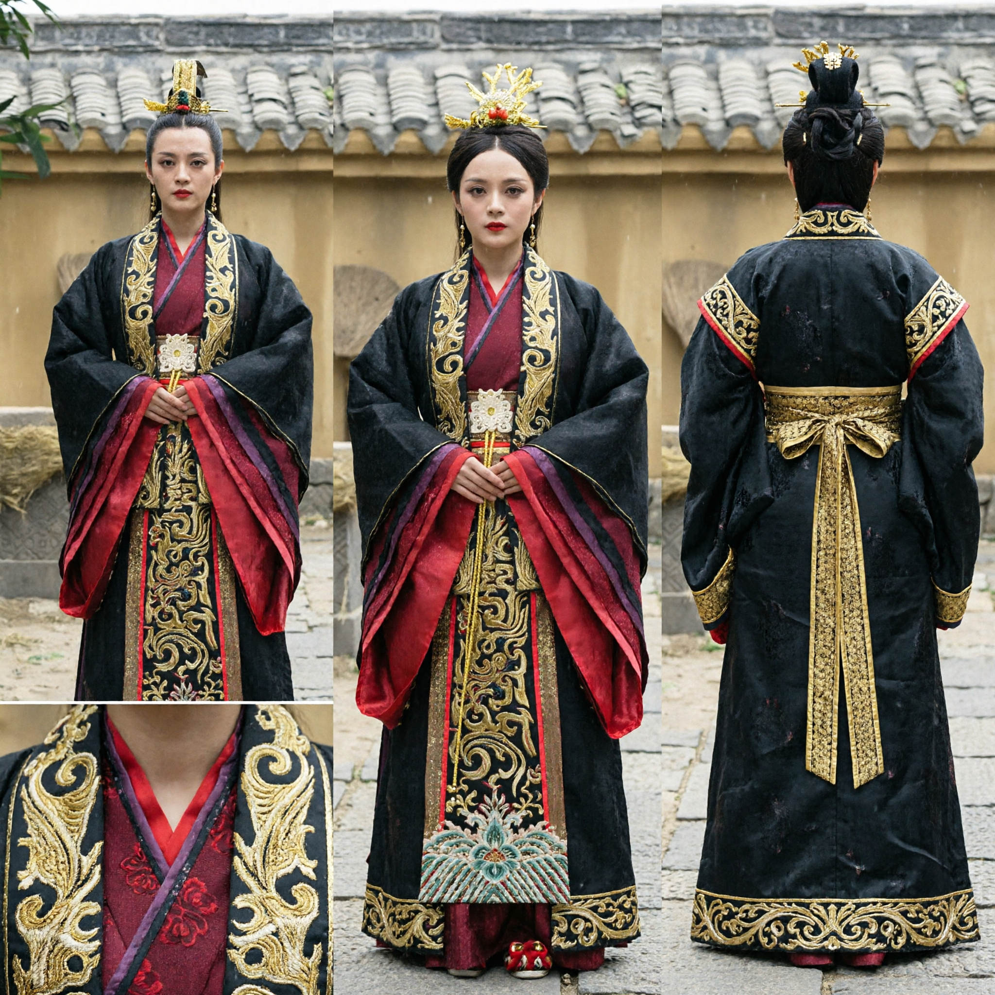 Traditional Chinese Warring States Empress Hanfu Costume Black Robe with Gold Embroidery for Women Historical Cosplay and Performance