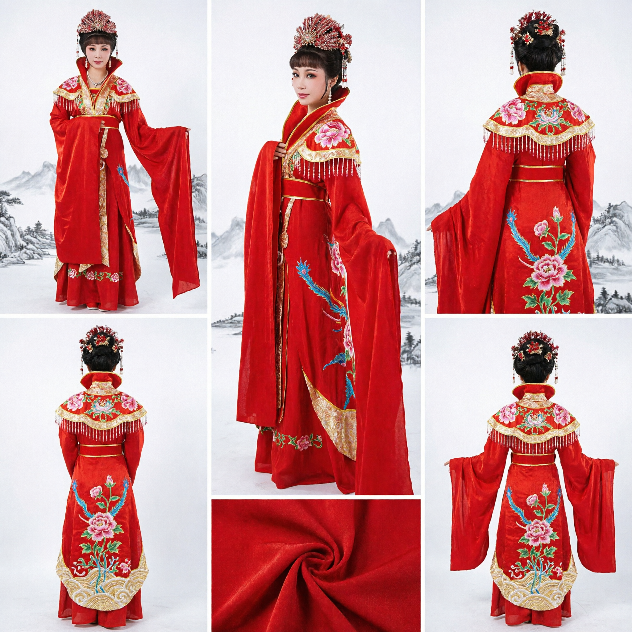 Traditional Chinese Opera Costume Red Embroidered Ancient Lady Robe with Water Sleeves for Stage Performance