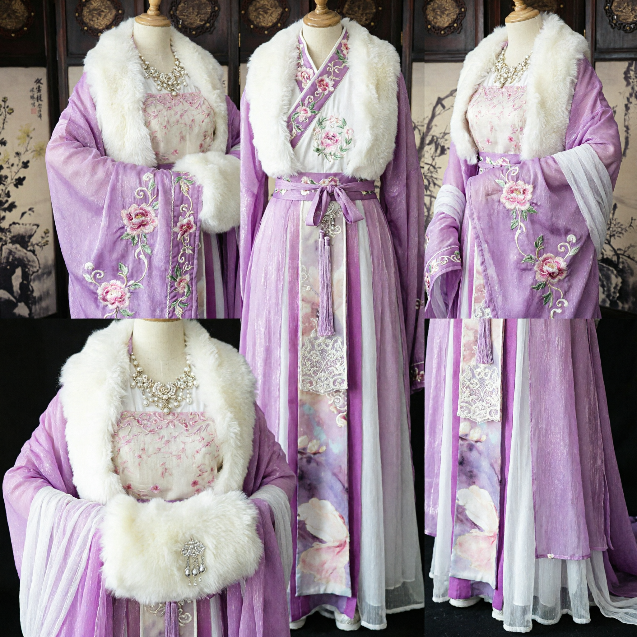 Elegant Purple Ancient Chinese Hanfu Traditional Costume for Women Princess Cosplay Winter Dress with White Fur