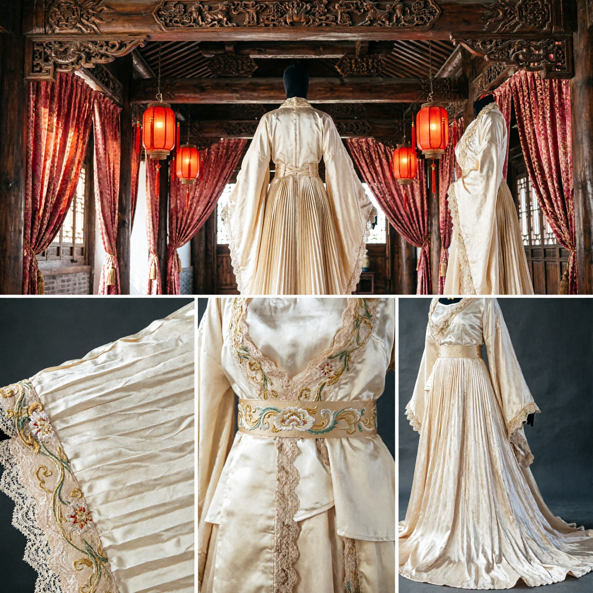 Ancient Chinese Tang Dynasty Princess Hanfu Costume Cream White Palace Lady Long Dress for Women