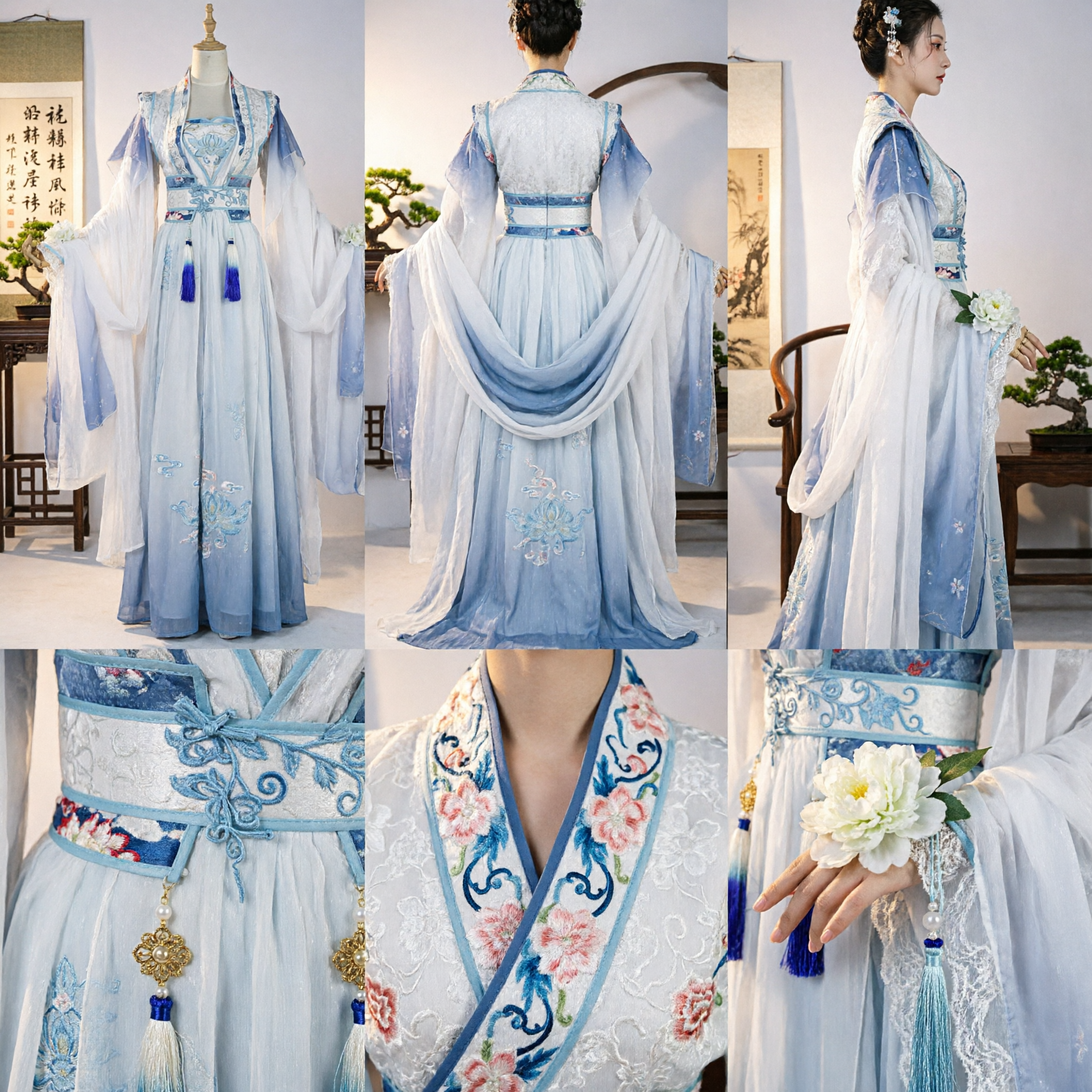 Elegant Blue and White Chinese Hanfu Dress Traditional Embroidered Ancient Fairy Costume for Women Cosplay