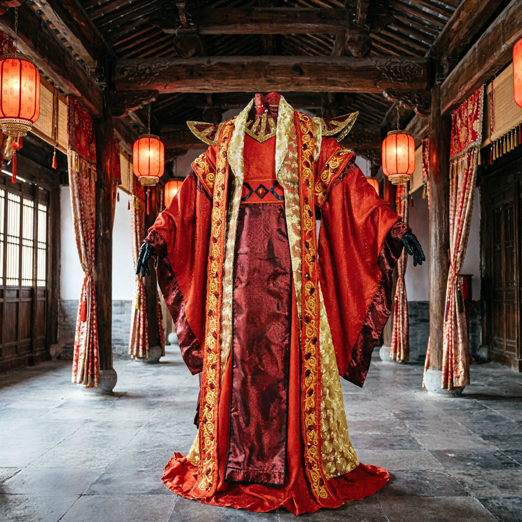 Men's Traditional Chinese Red Robe Costume Gold Embroidered Fantasy Cloak for Cosplay and Stage Performance