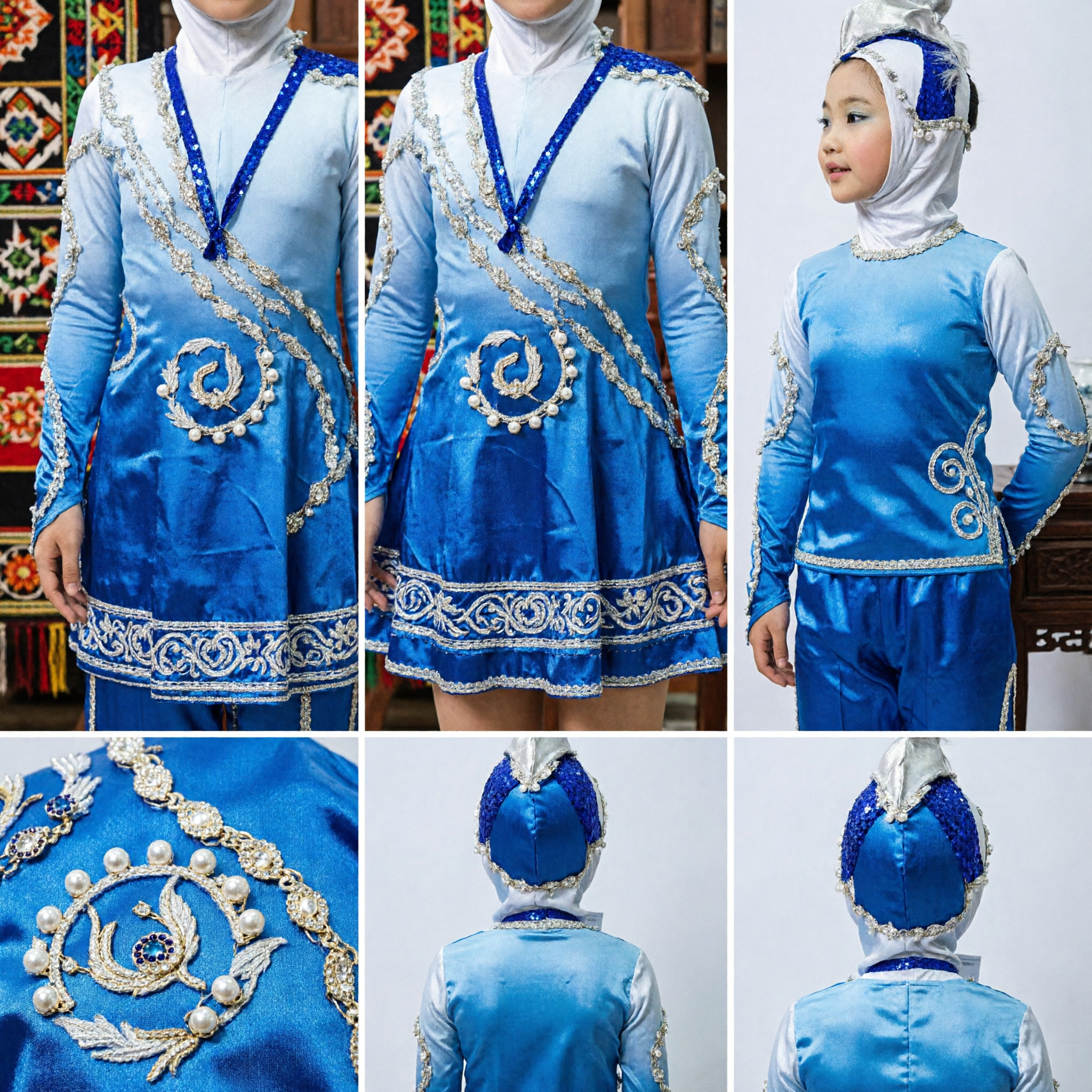 Girls Blue and Silver Sequin Stage Dance Costume Set with Matching Hijab Headpiece for Cultural Performance