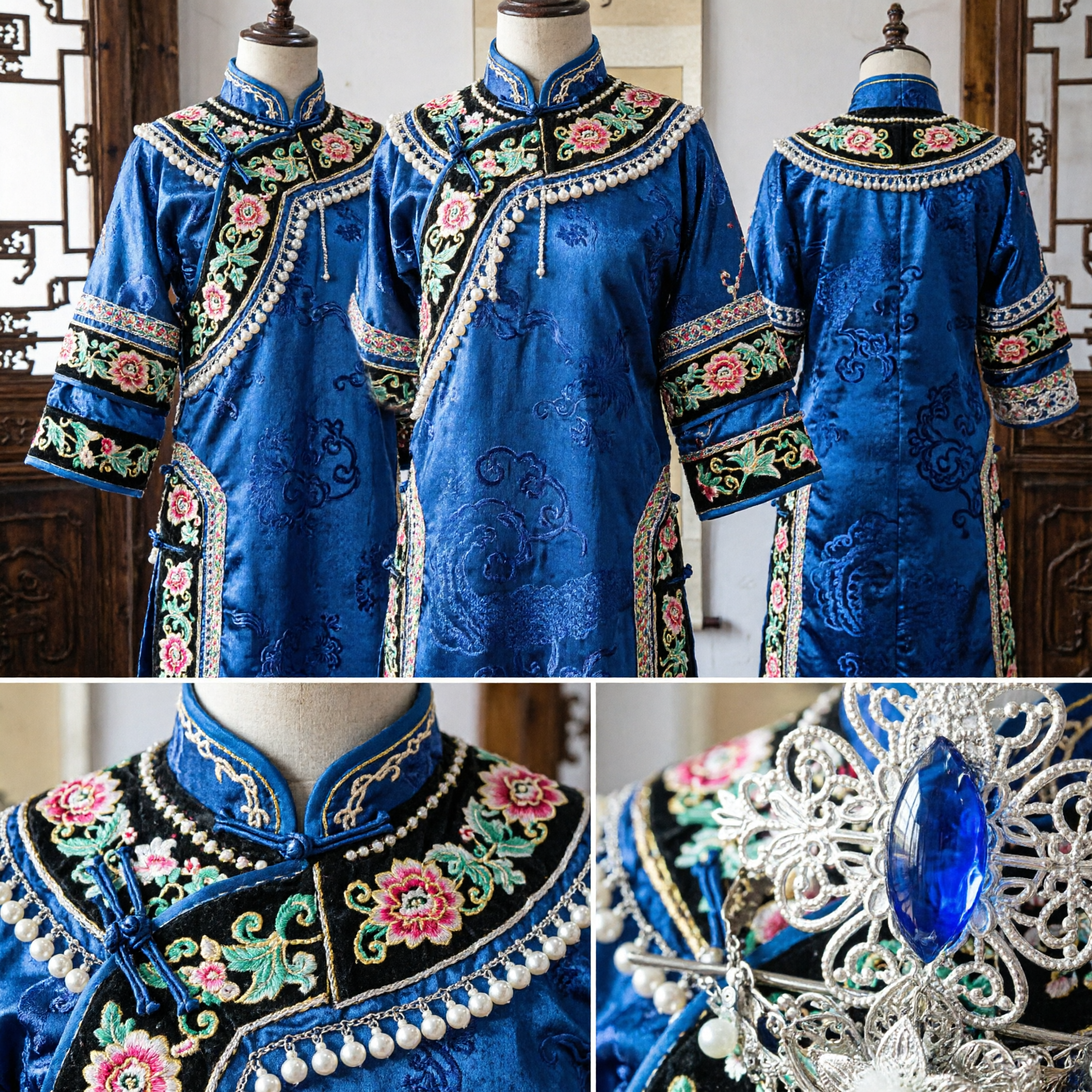 Exquisite Chinese Traditional Silver Hairpin with Blue Crystal and Pearls for Hanfu Bridal Wedding Costume Accessories