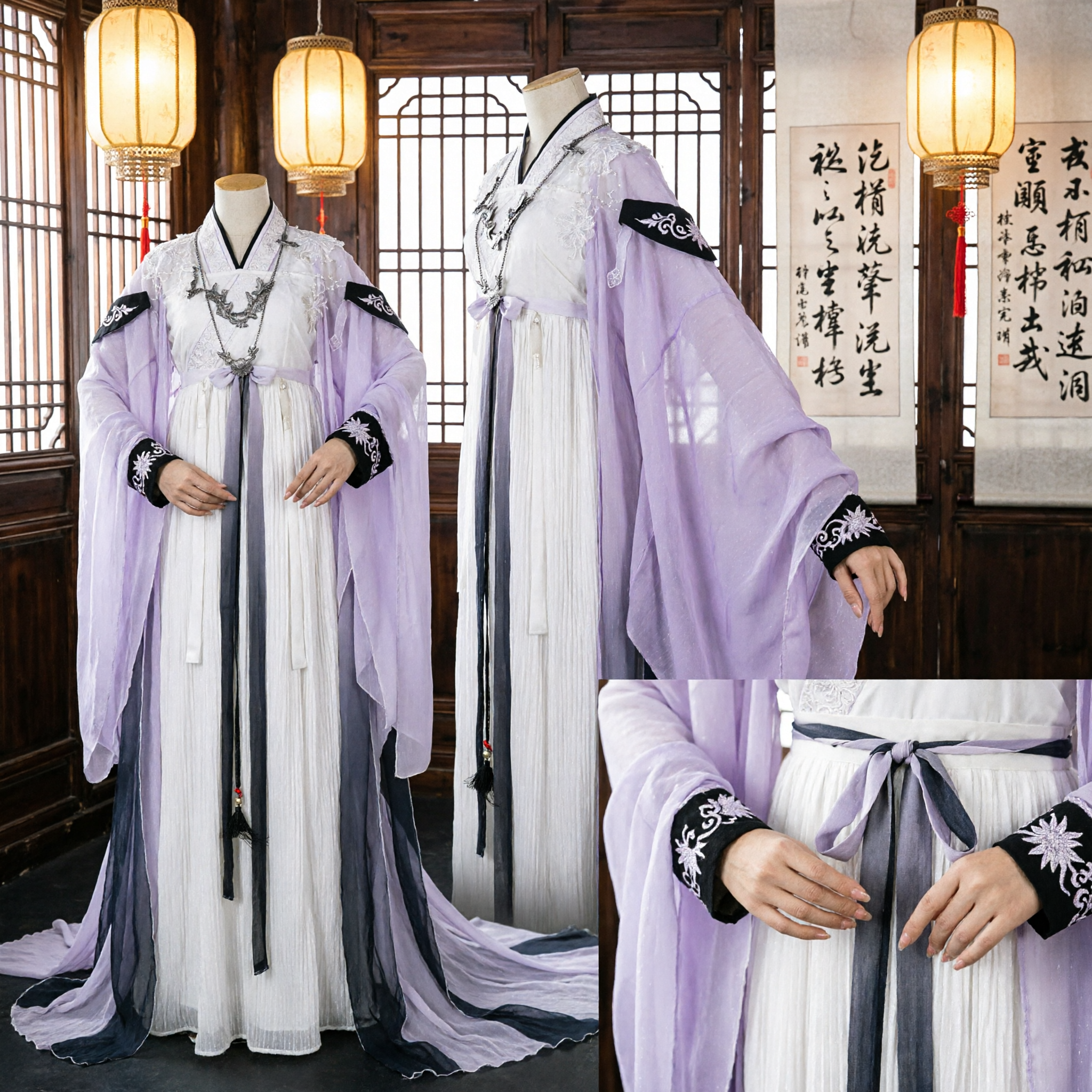 Elegant Traditional Chinese Hanfu Ancient Costume White and Lavender Robe for Men Cosplay and Stage Performance