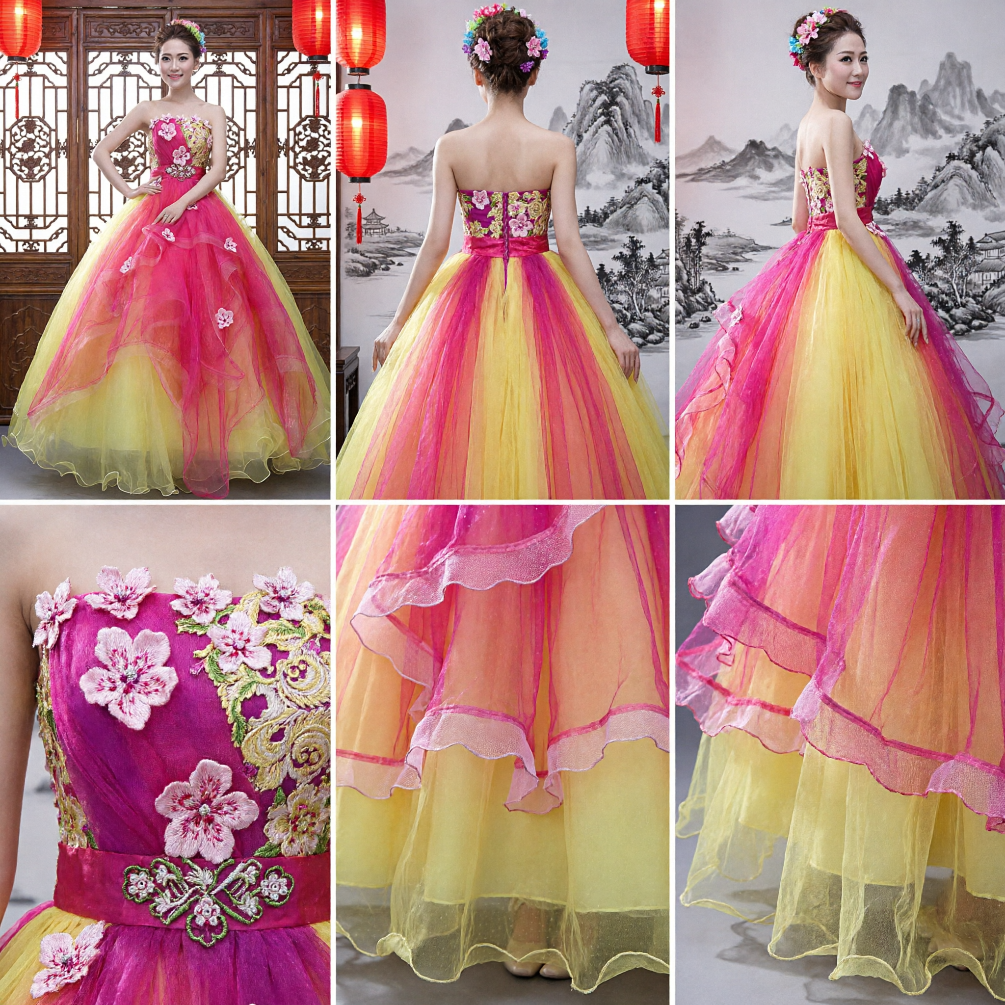 Modern Chinese Traditional Wedding Dress Strapless Pink and Yellow Floral Tulle Ballgown for Bride