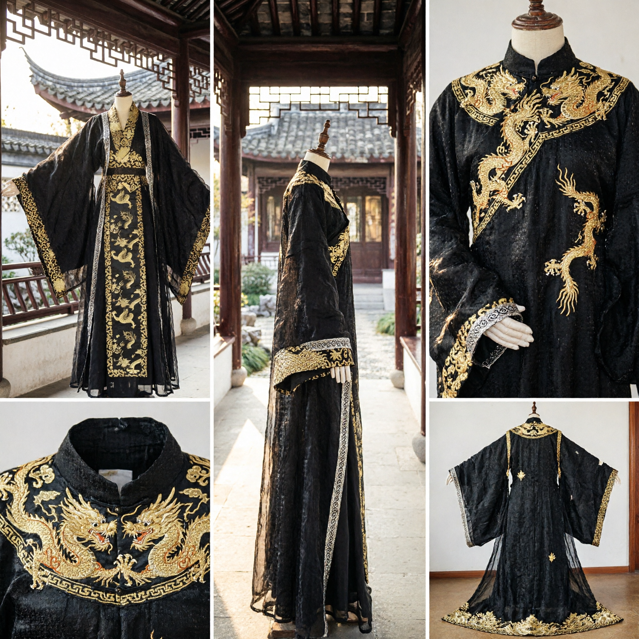 Traditional Chinese Black Hanfu Robe Ancient Queen Costume Gold Embroidery for Cosplay Stage Performance