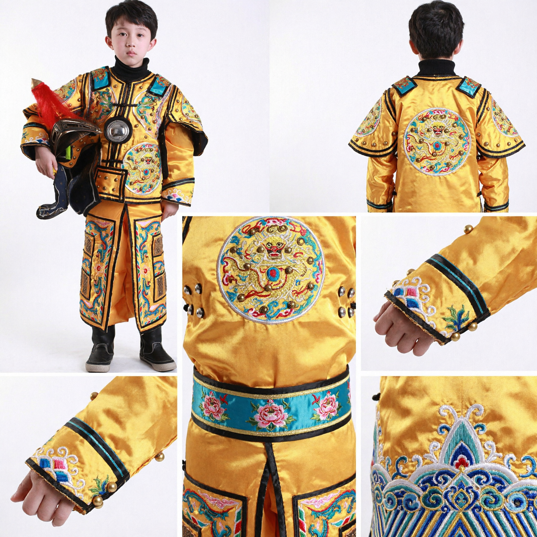 Kids Chinese Traditional Ancient General Warrior Costume Yellow Dragon Embroidery Outfit for Boys Performance
