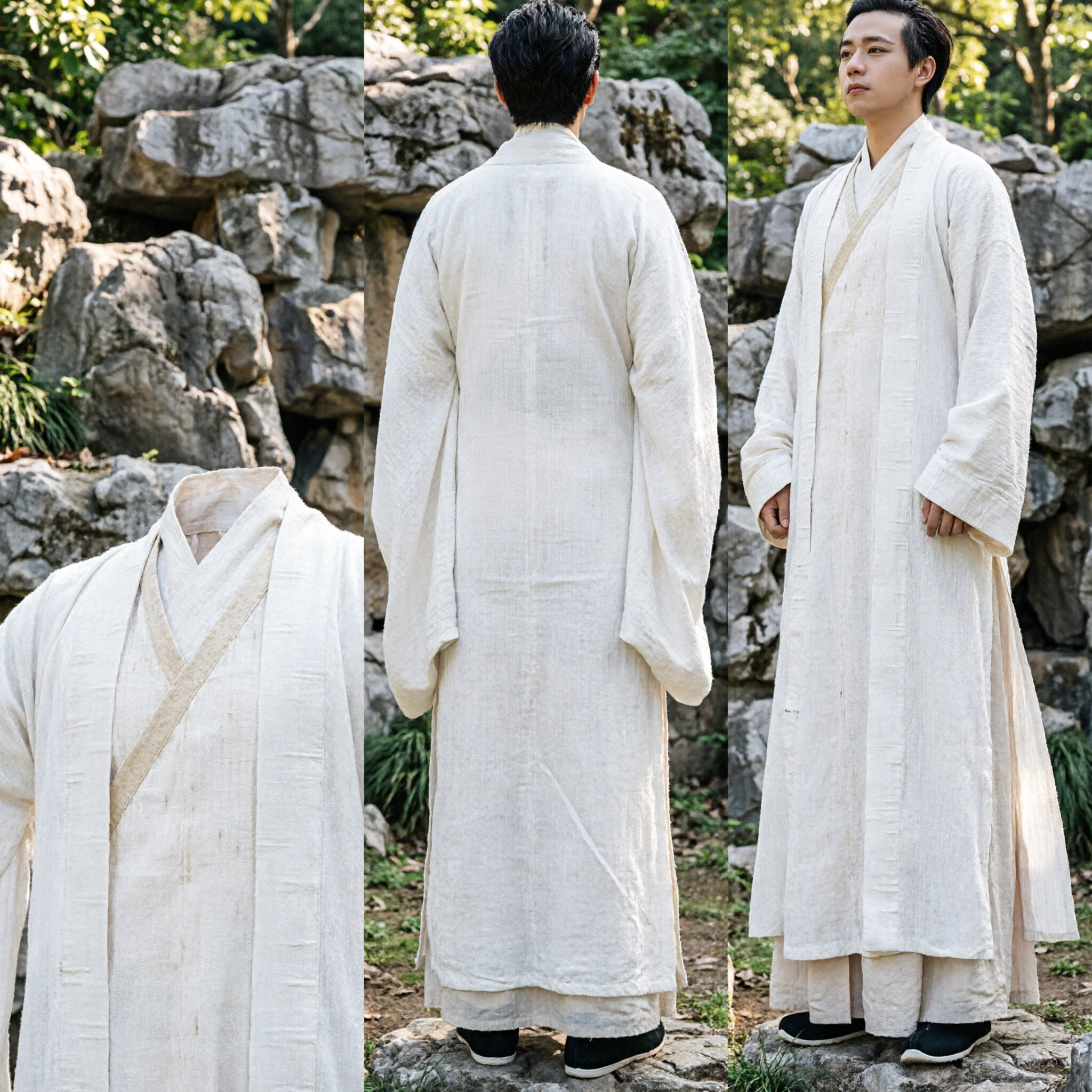 Men's Ancient Chinese Hanfu Costume White Linen Robe Traditional Scholar Clothing for Cosplay and Performance