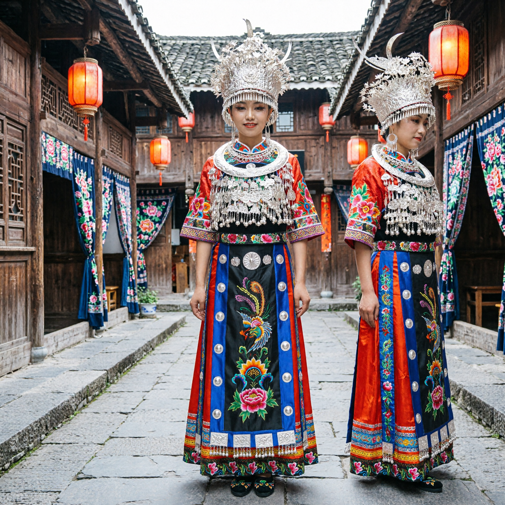 Traditional Chinese Miao Ethnic Costume Women Silver Headdress Embroidery Dress Folk Dance Performance Outfit