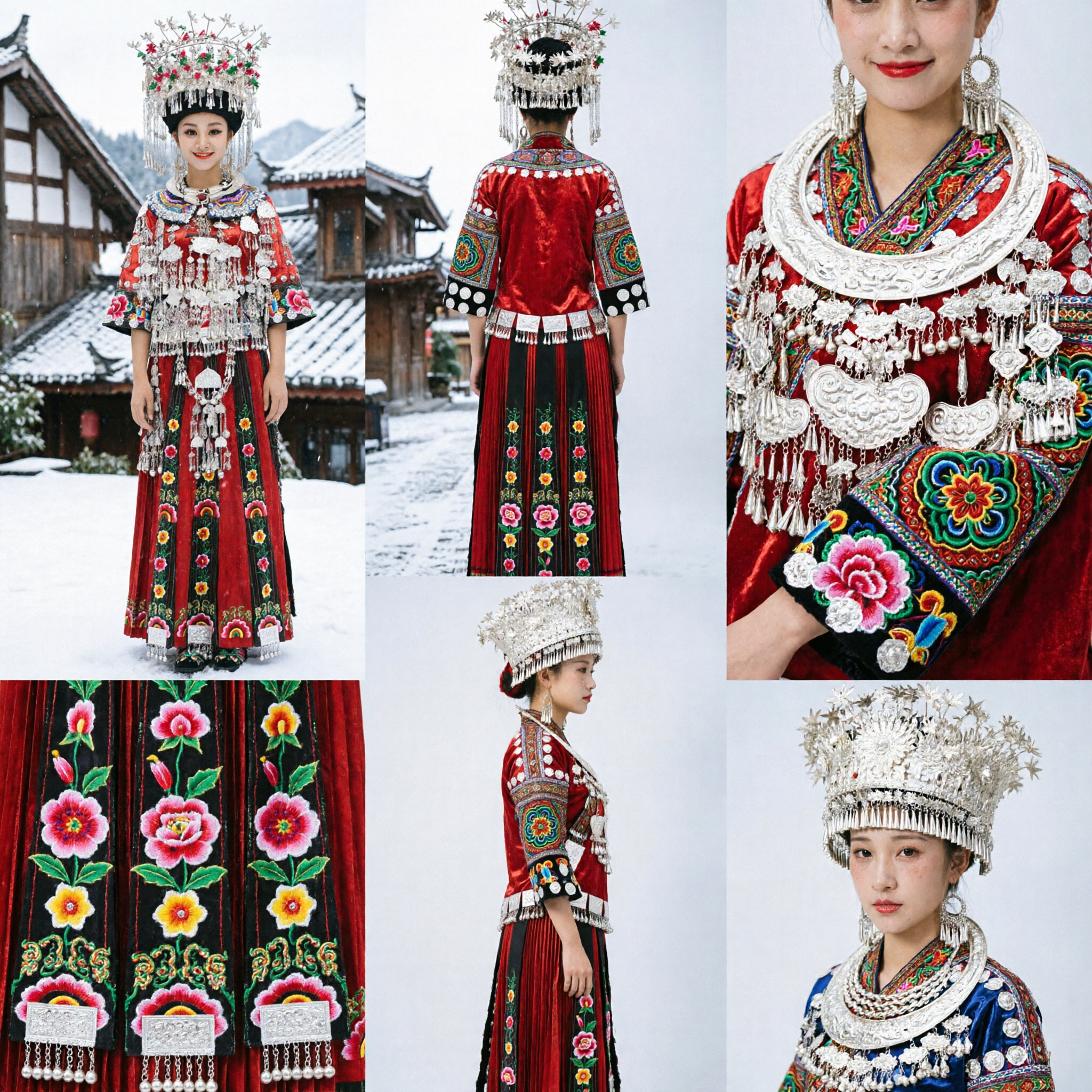 Traditional Chinese Miao Ethnic Costume Red Dress with Silver Jewelry Headpiece for Women Stage Performance