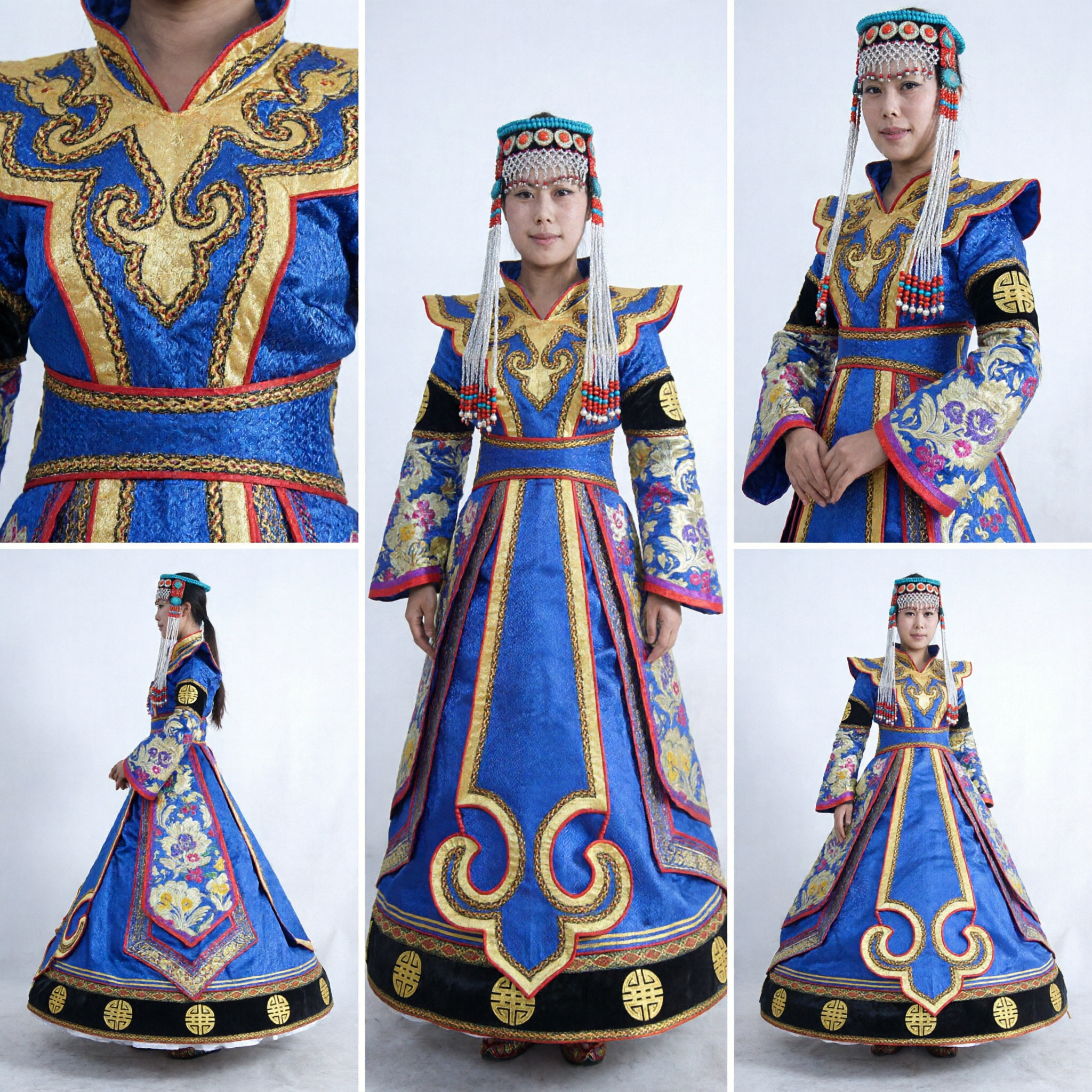 Women's Traditional Mongolian Ethnic Costume Blue Robe with Embroidered Hat for Folk Dance Stage Performance