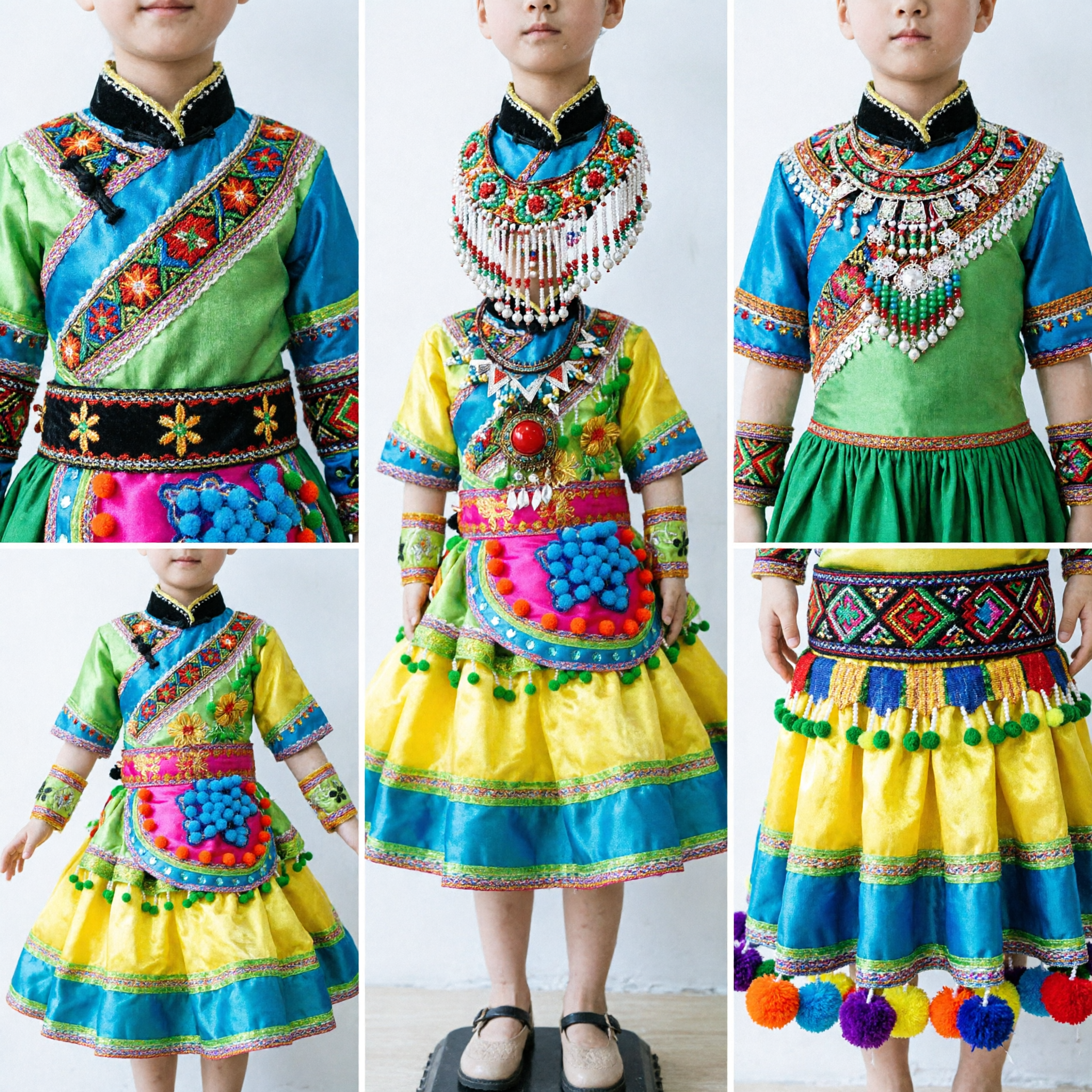 Traditional Chinese Miao Ethnic Minority Dance Costume for Kids Girls Colorful Folk Stage Performance Dress