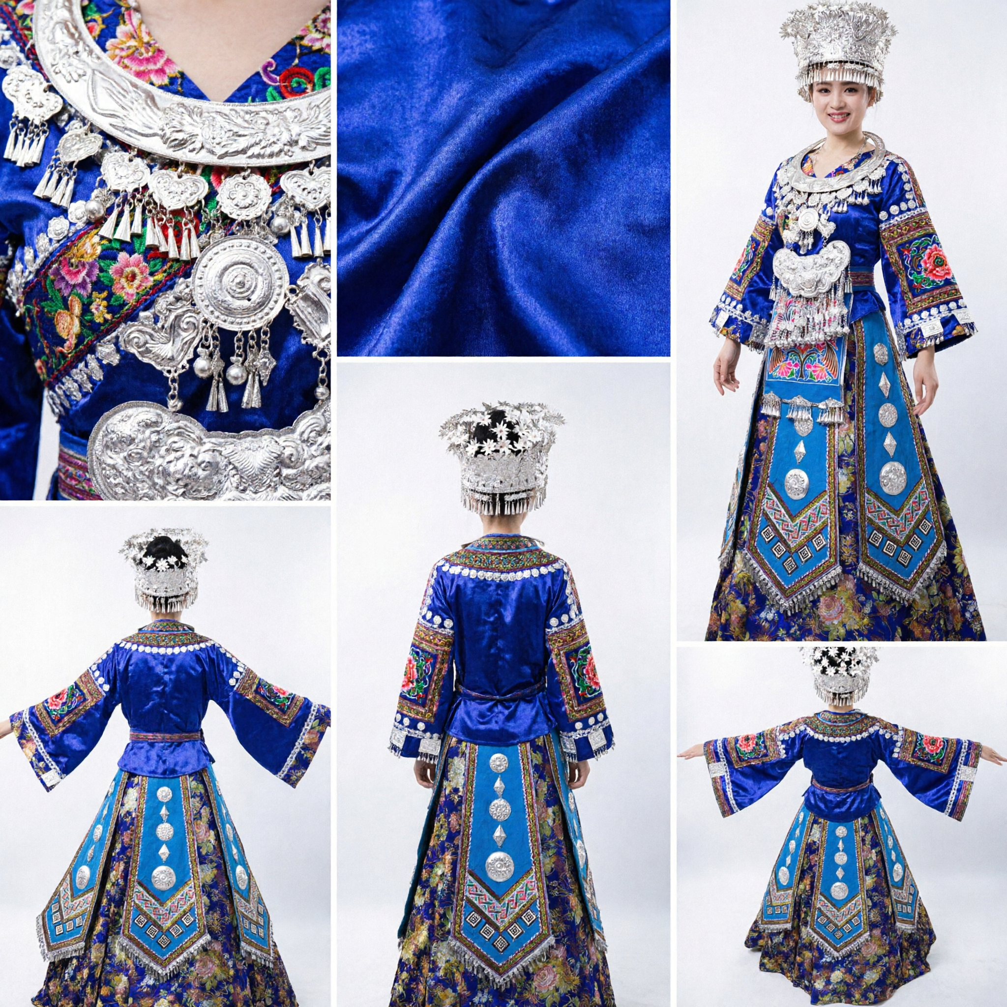 Royal Blue Chinese Miao Ethnic Costume with Silver Jewelry for Folk Dance Stage Performance