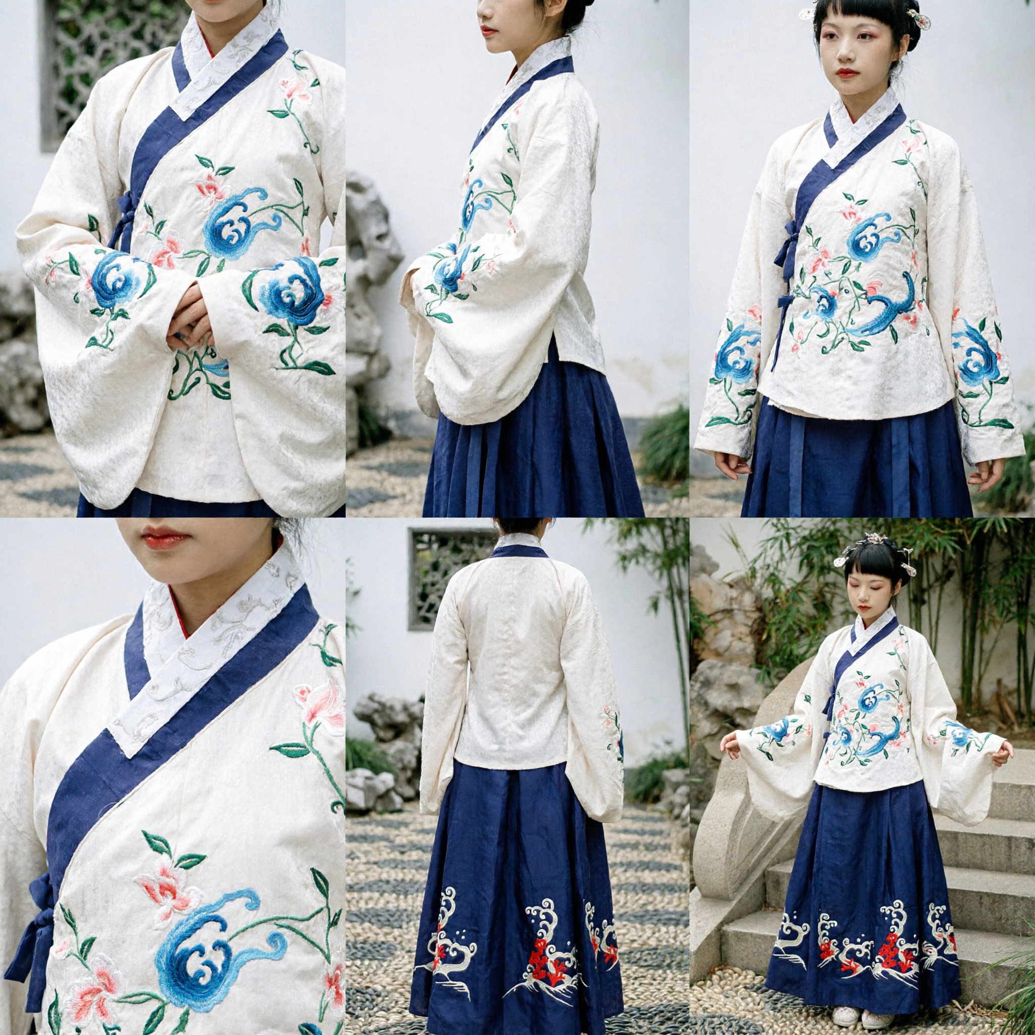 Traditional Chinese Hanfu Ming Dynasty Style White Embroidered Top and Dark Blue Skirt Set for Women