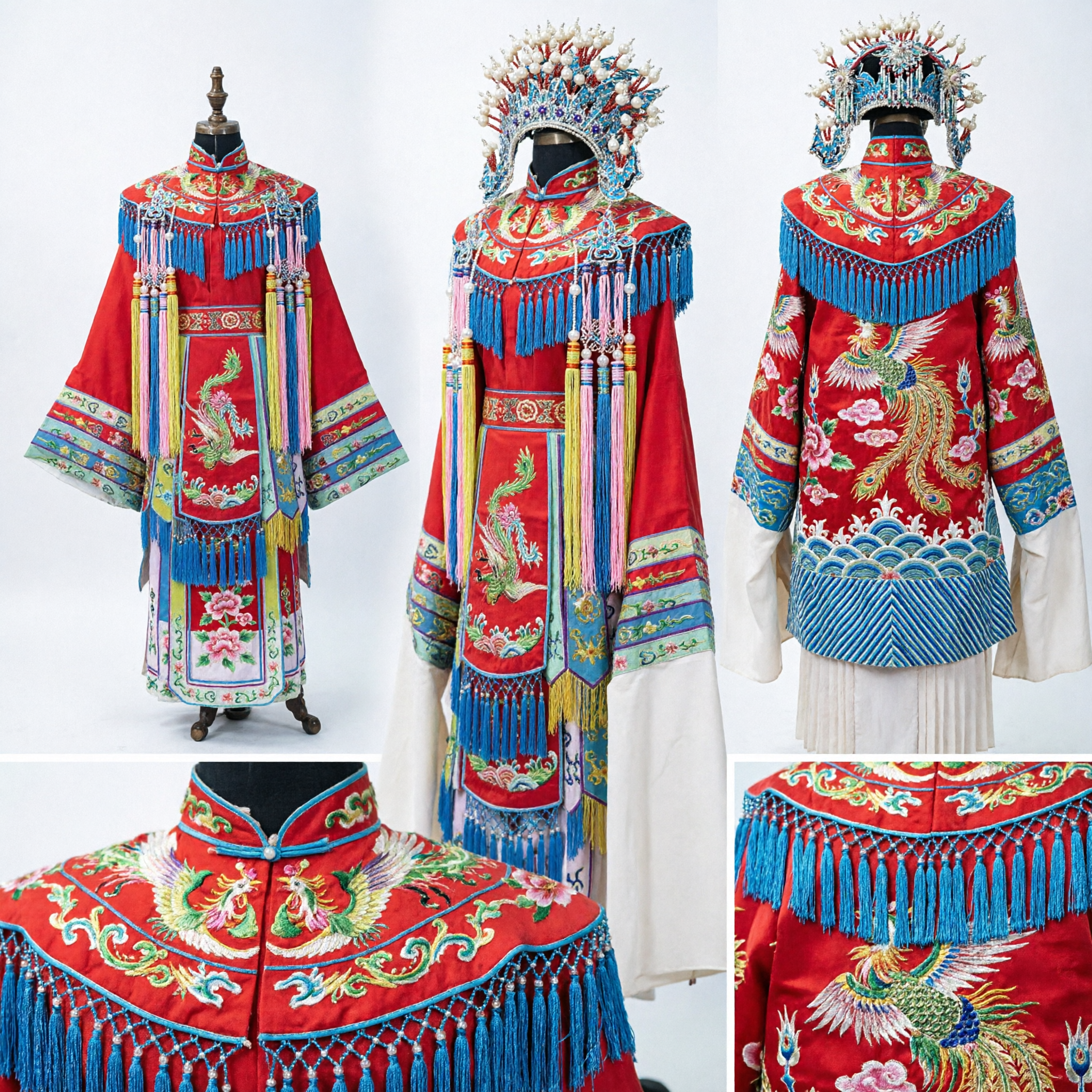 Chinese Peking Opera Female General Costume Complete Set with Pink Embroidered Robe and Pearl Headdress