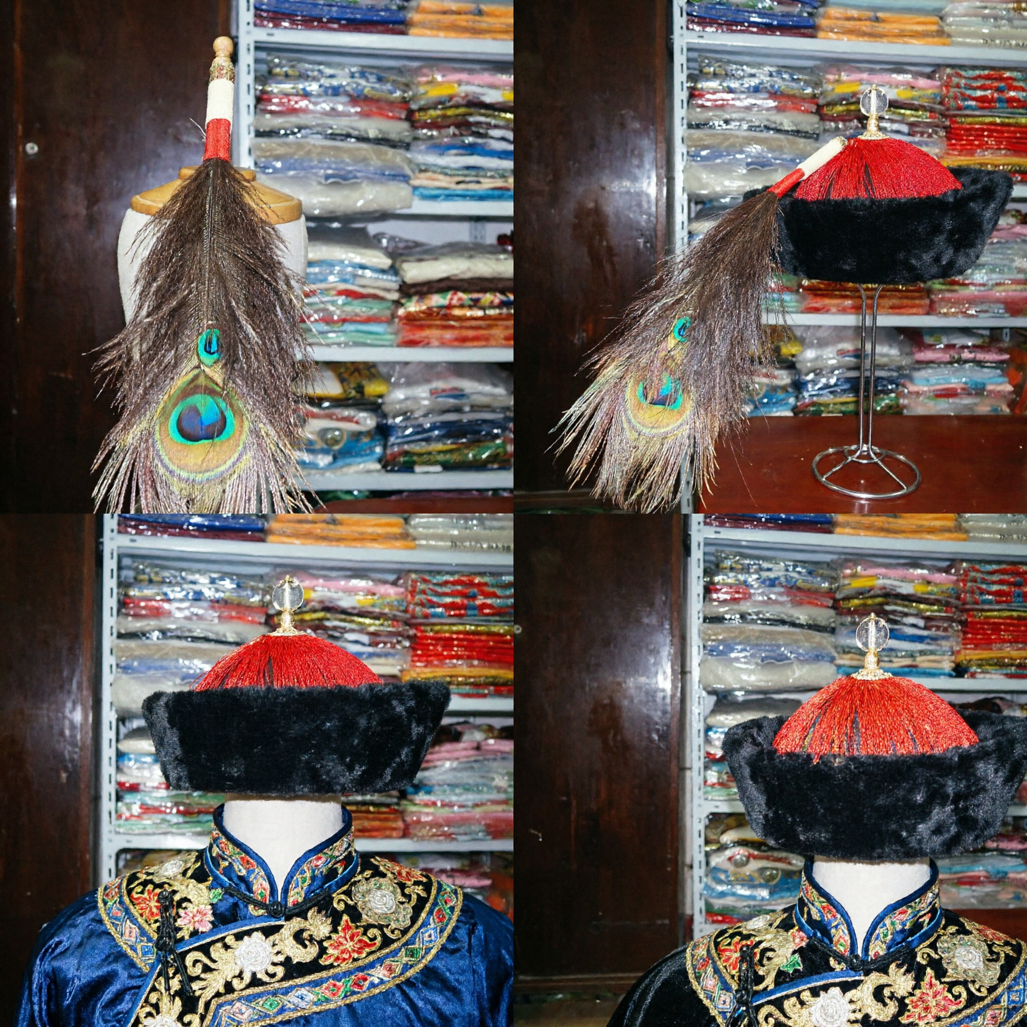 Traditional Chinese Qing Dynasty Emperor Costume Hat with Peacock Feather Plume Black Fur Official Headwear for Men