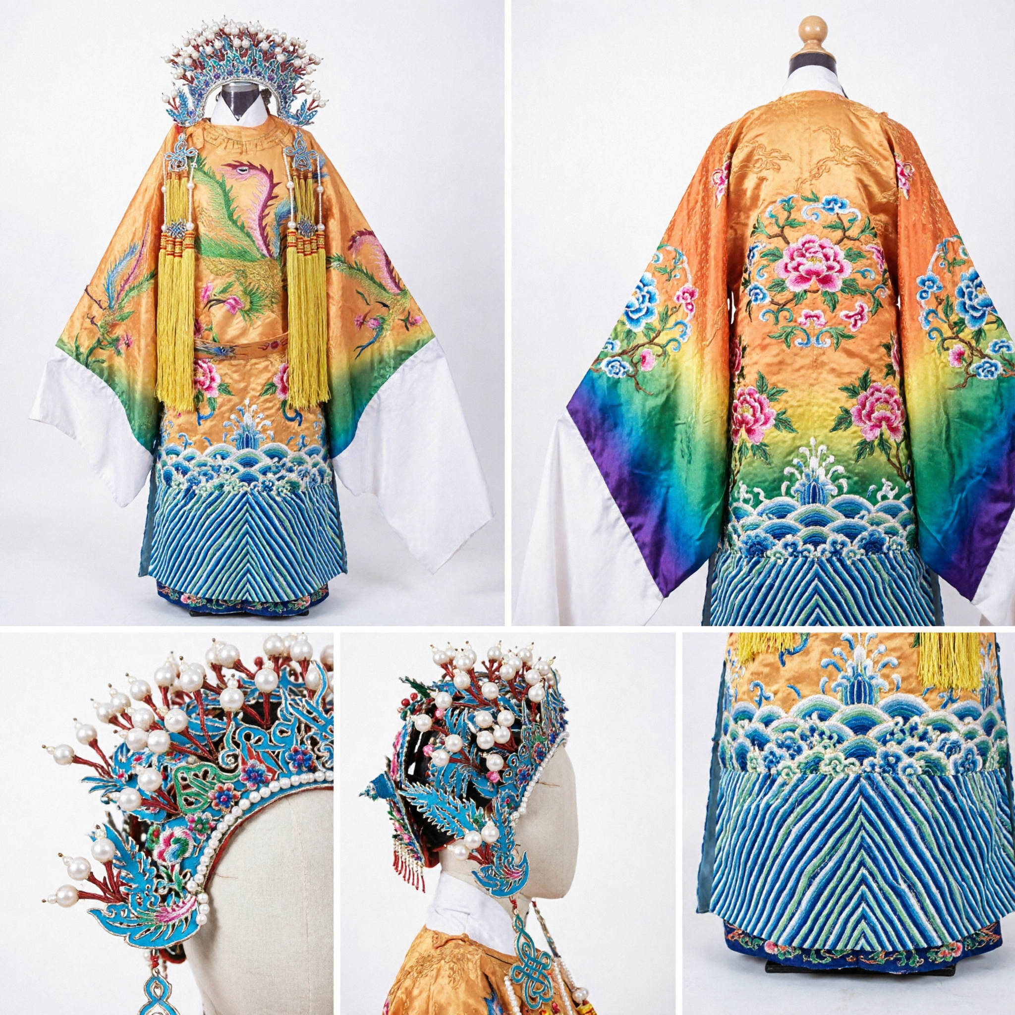 Traditional Chinese Peking Opera Costume Yellow Dragon Robe with Elaborate Phoenix Headdress for Stage Performance