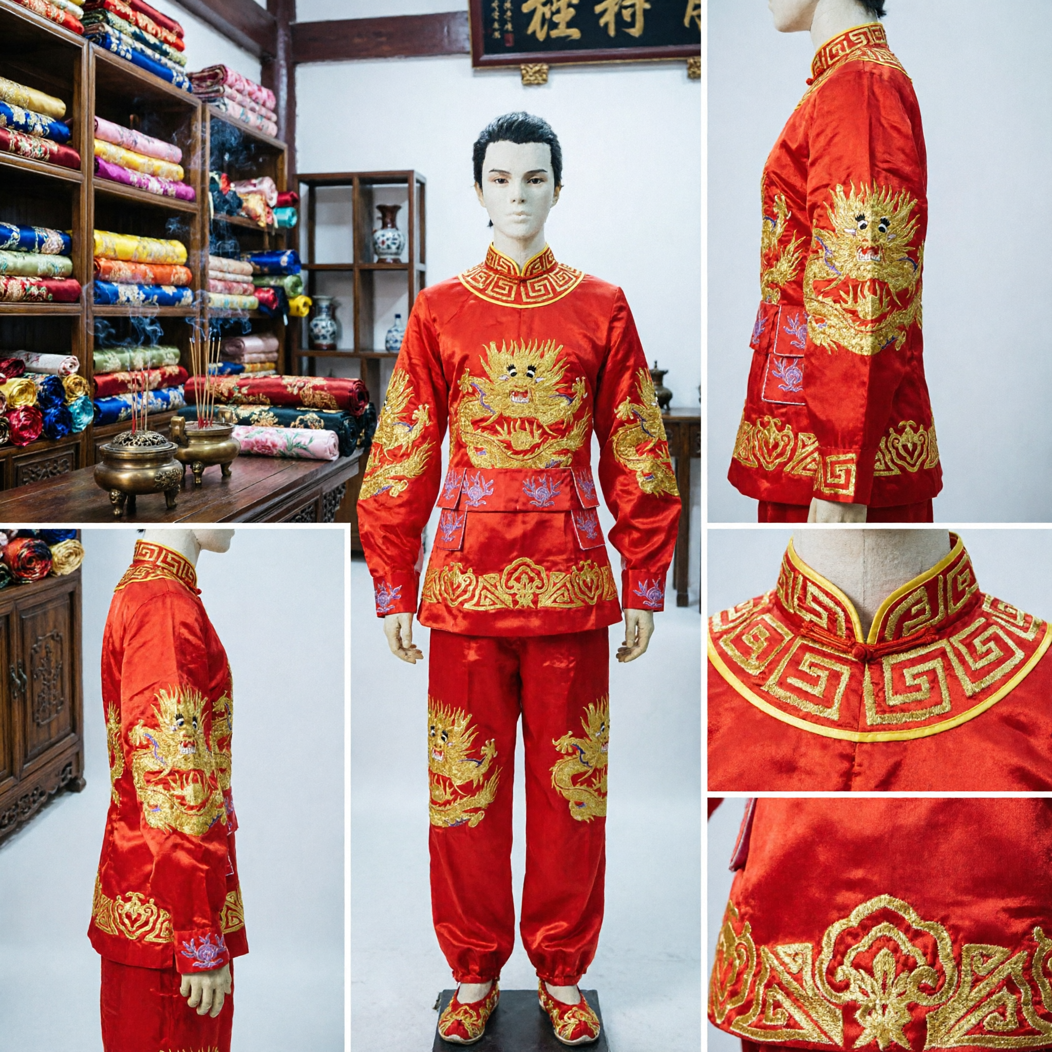 Men's Traditional Chinese Red Tang Suit with Gold Dragon Embroidery Kung Fu Martial Arts Lion Dance Costume