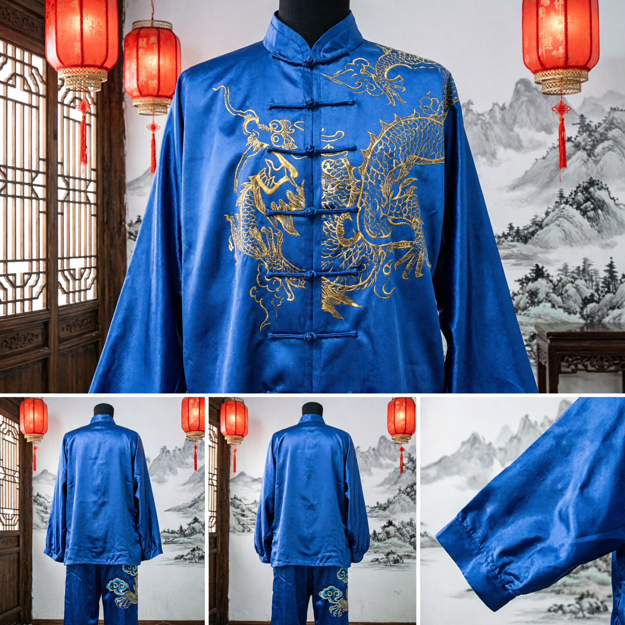 Traditional Blue Chinese Kung Fu Uniform Men's Gold Dragon Embroidery Tai Chi Wushu Silk Suit